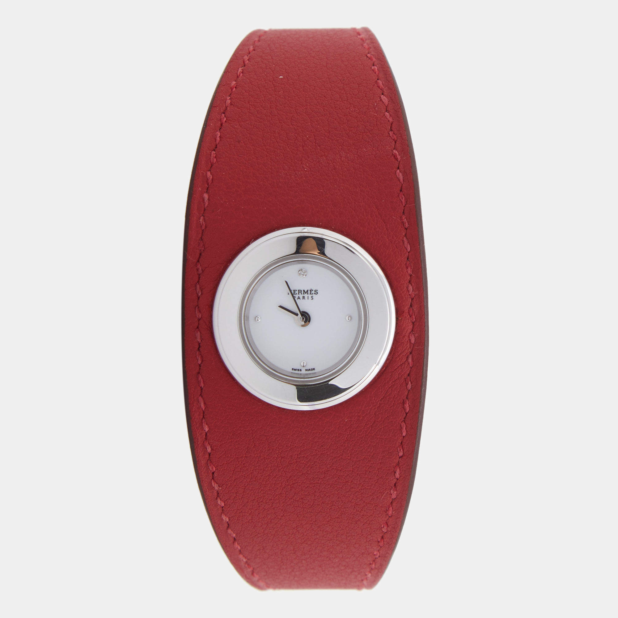 Pre Owned Hermes White Stainless Steel 1P Diamond Leather Faubourg Manchette W042630WW00 Women's Wristwatch 19.50 mm