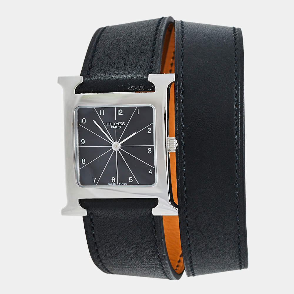 مملوكة مسبقًا Hermès Black Stainless Steel Leather Wrap Heure H HH1.510 Women's Wristwatch 26 mm