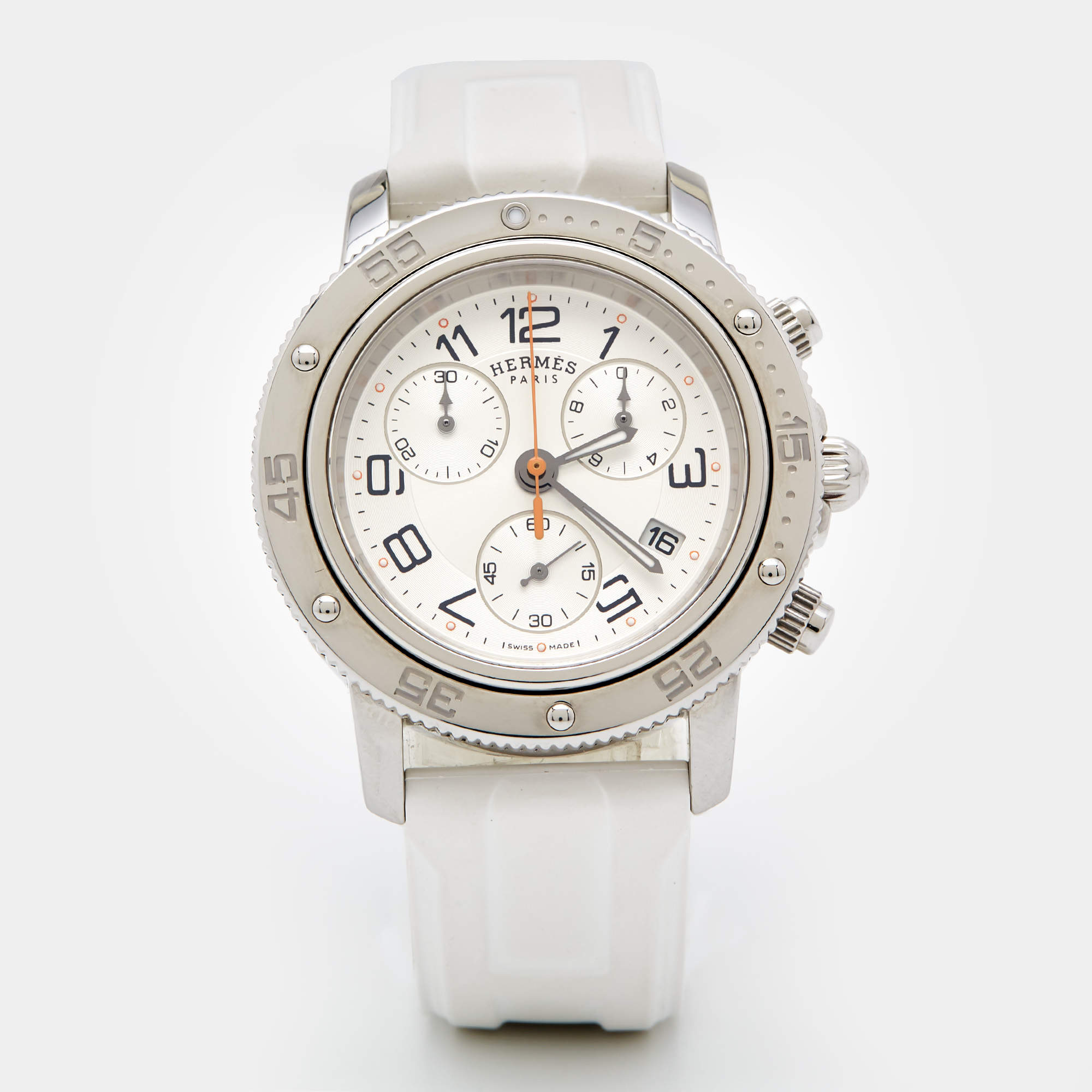 Pre Owned Hermes Silver Stainless Steel Rubber Clipper CP2.410 Unisex Wristwatch 36 mm