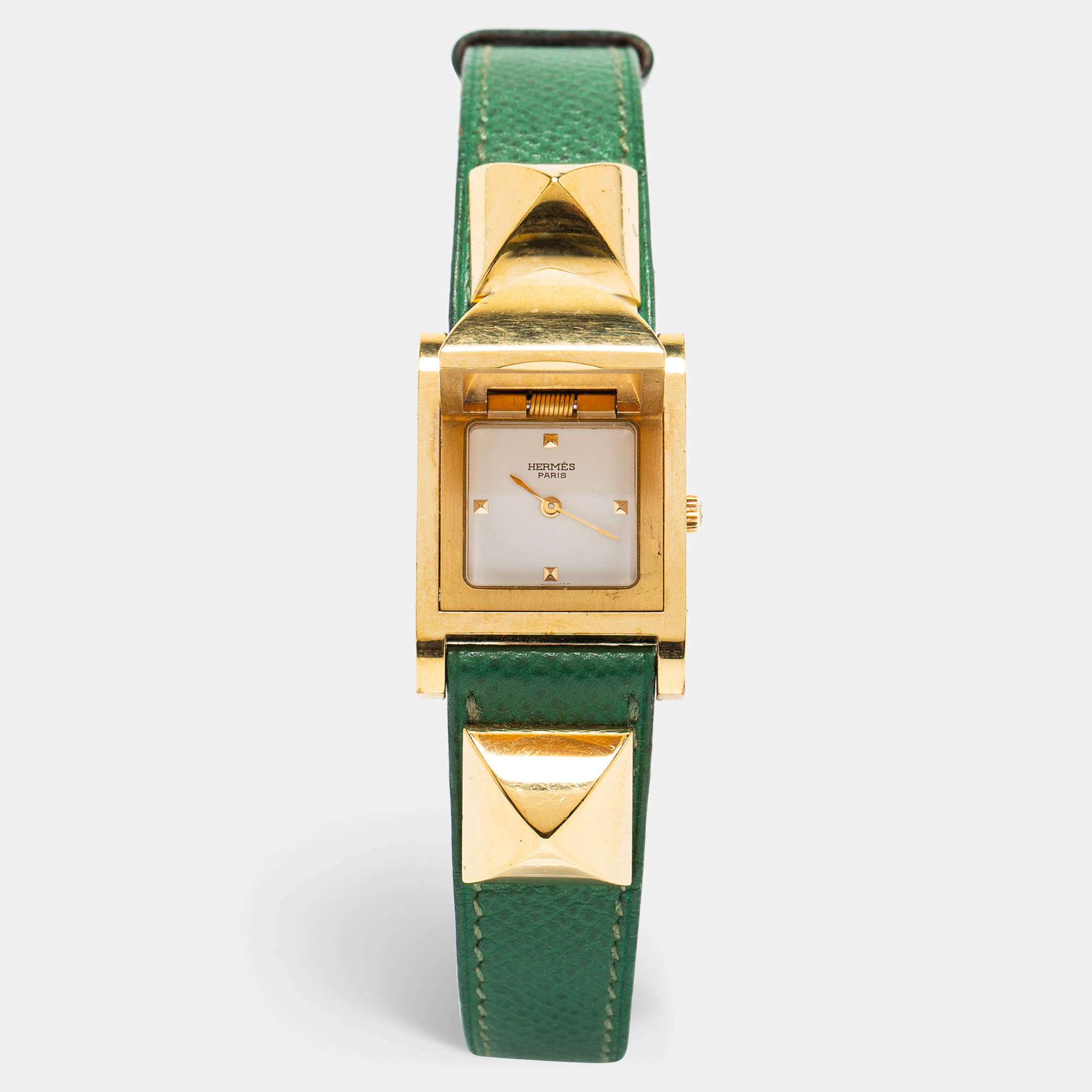 Hermes White Gold Plated Stainless Steel Leather Medor ME1.201 Women's wristwatch 23 mm