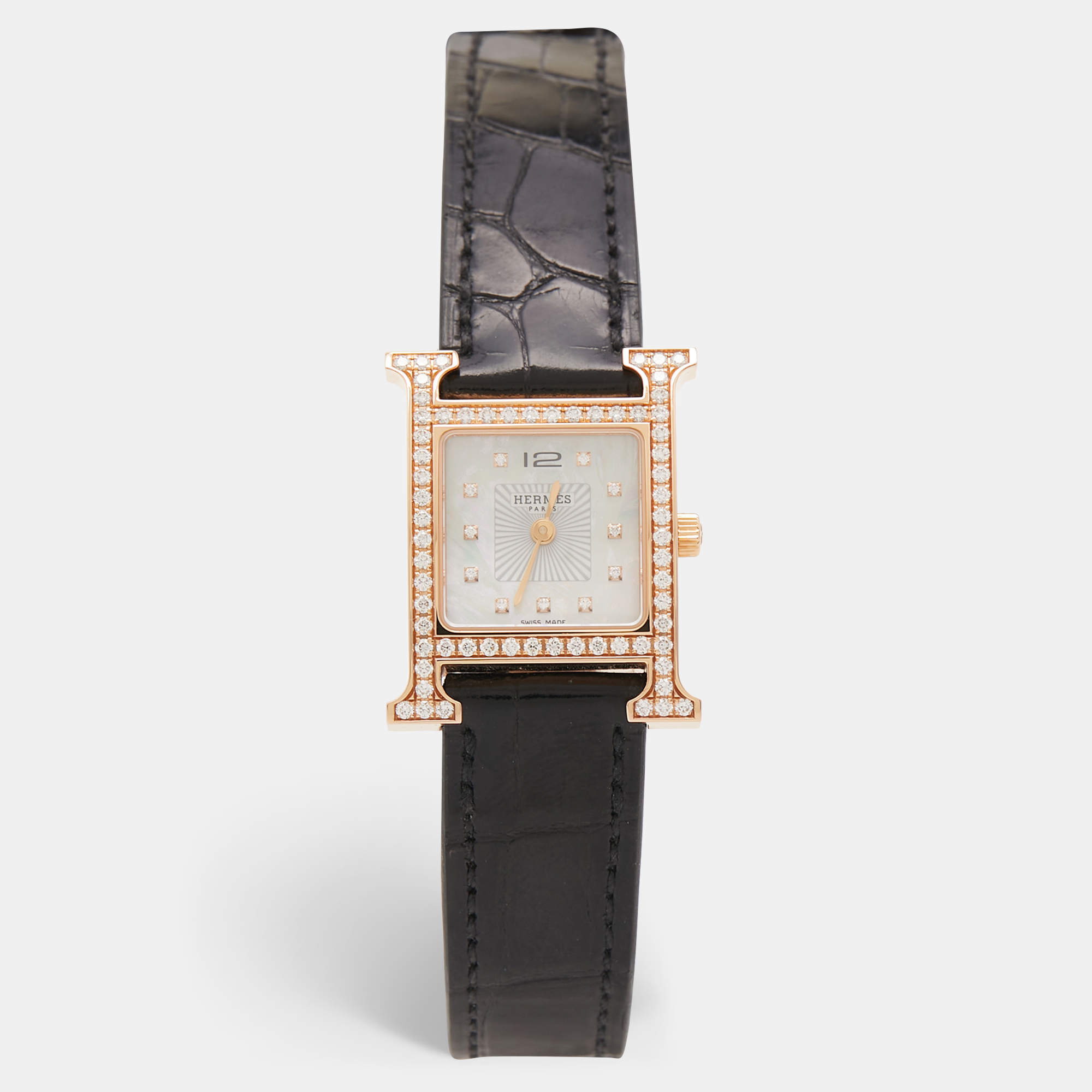 Hermès Mother Of Pearl 18K Rose Gold Diamond Alligator Leather Heure H HH1.271 Women's Wristwatch 21 mm