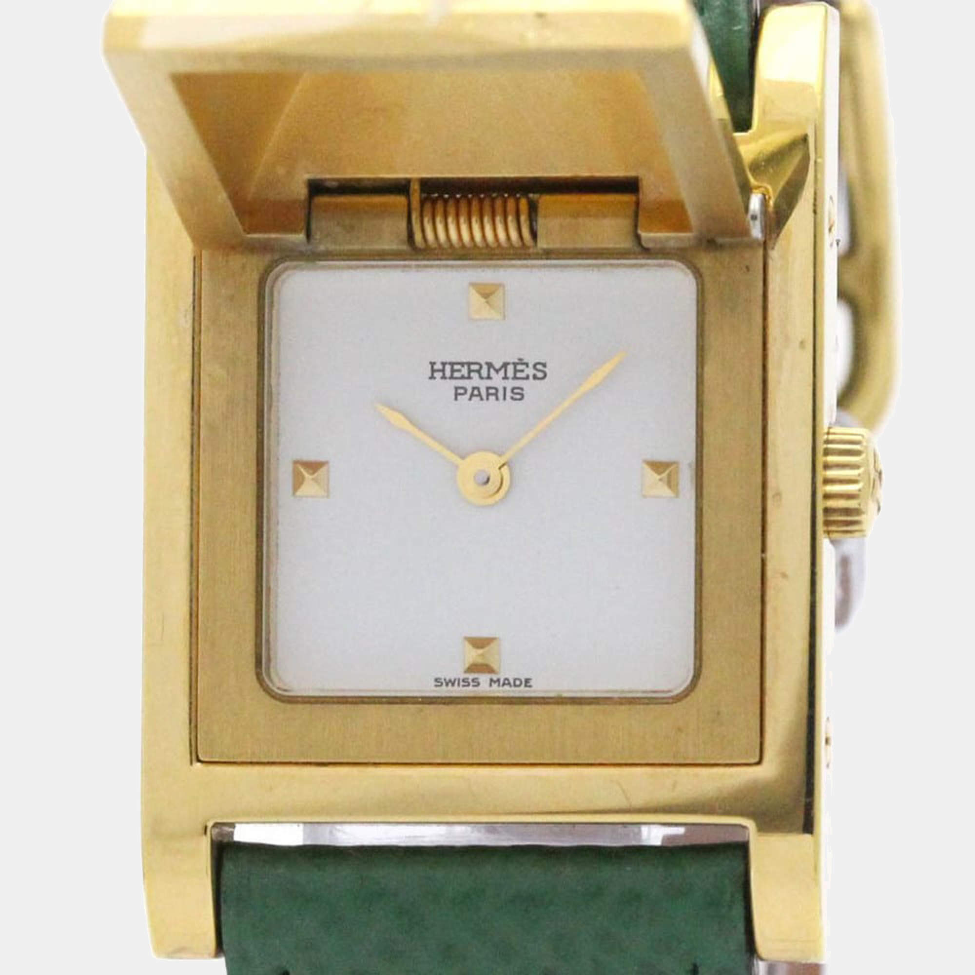 Pre Owned Hermes White Yellow Gold Plated Stainless Steel Medor Quartz Women's Wristwatch 23 mm