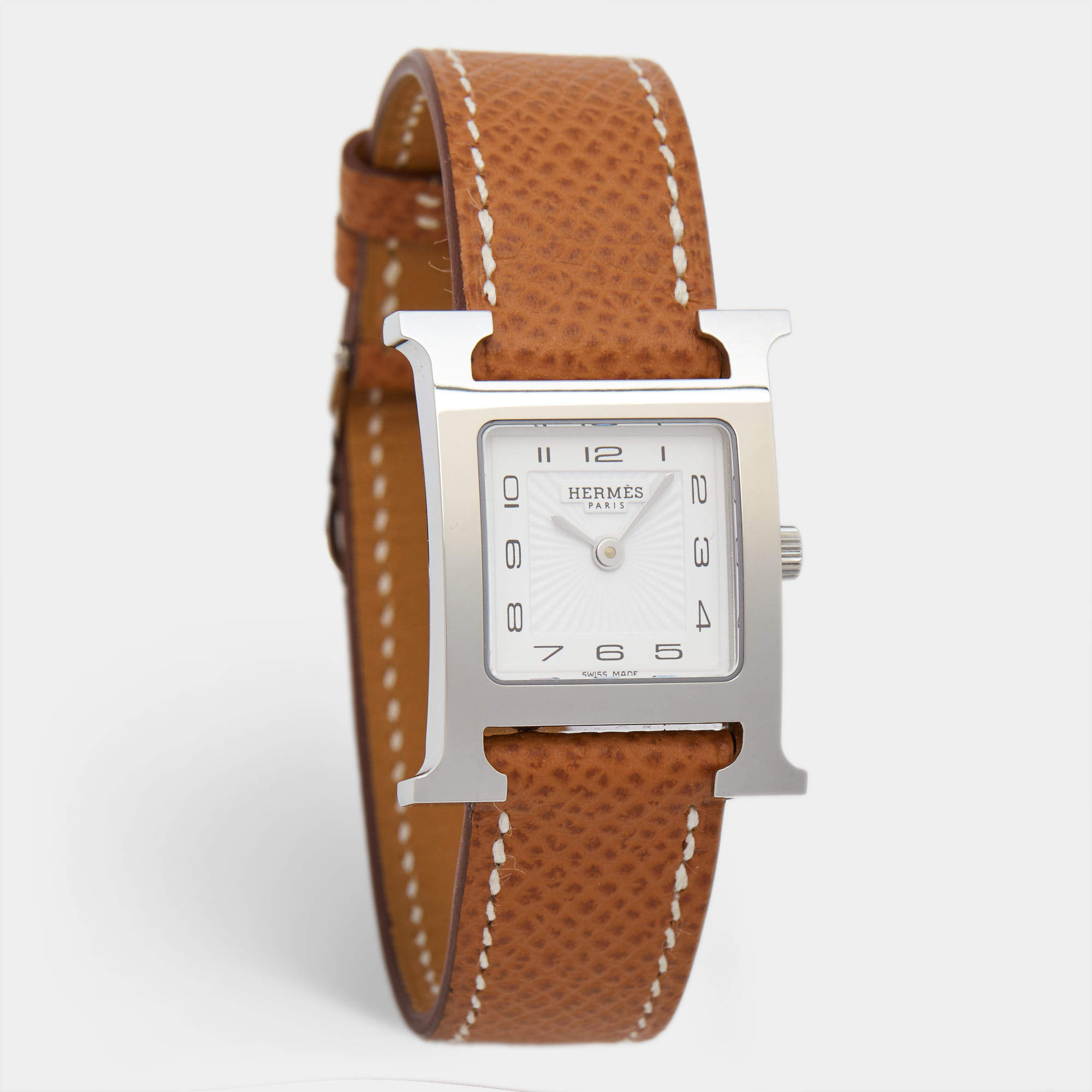 Hermes White Stainless Steel Calfskin Leather Heure H 036702WW00 Women's Wristwatch 21 mm