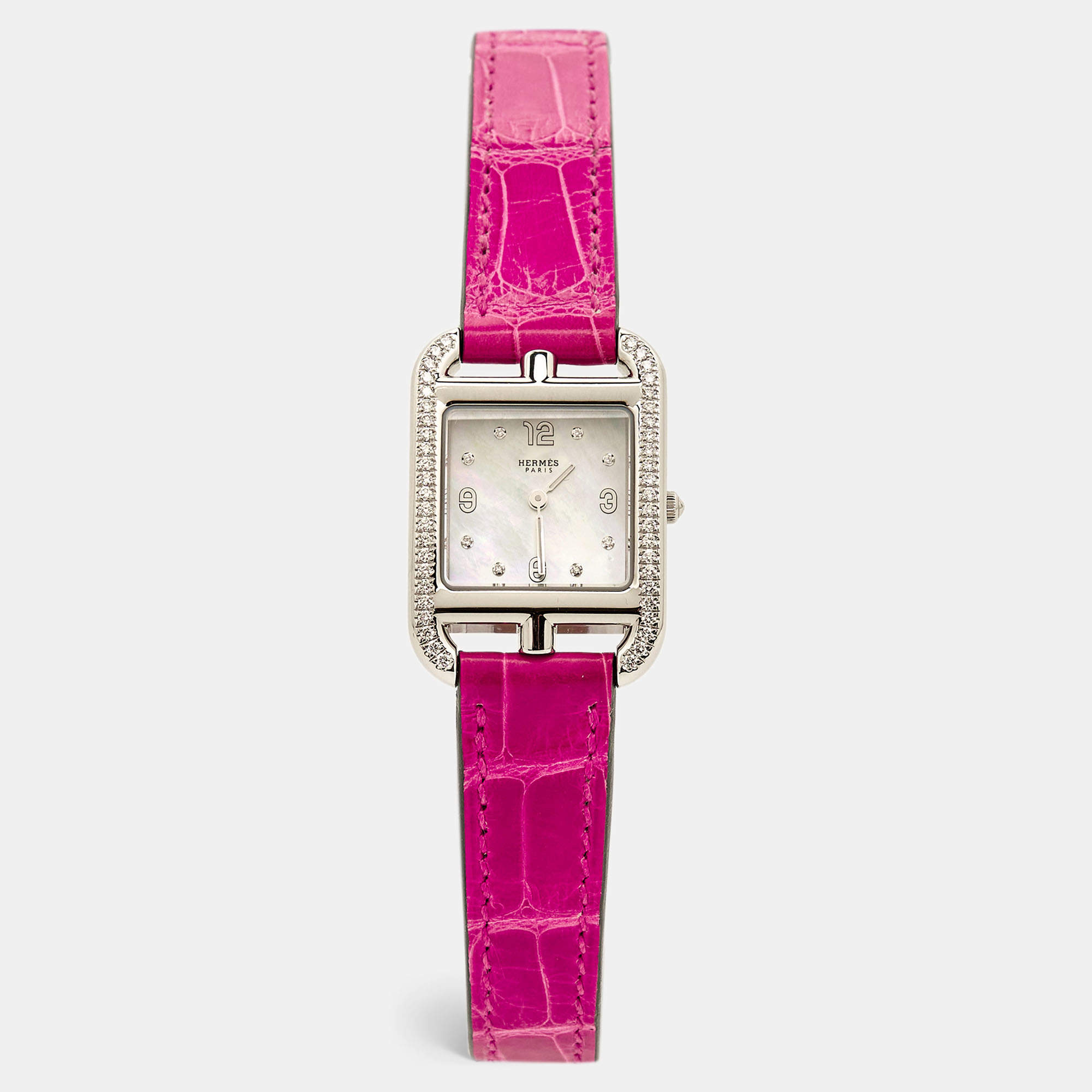 Hermes Mother Of Pearl Diamond Stainless Steel Alligator Leather Cape Cod CC1.232 Women's Wristwatch 23 mm