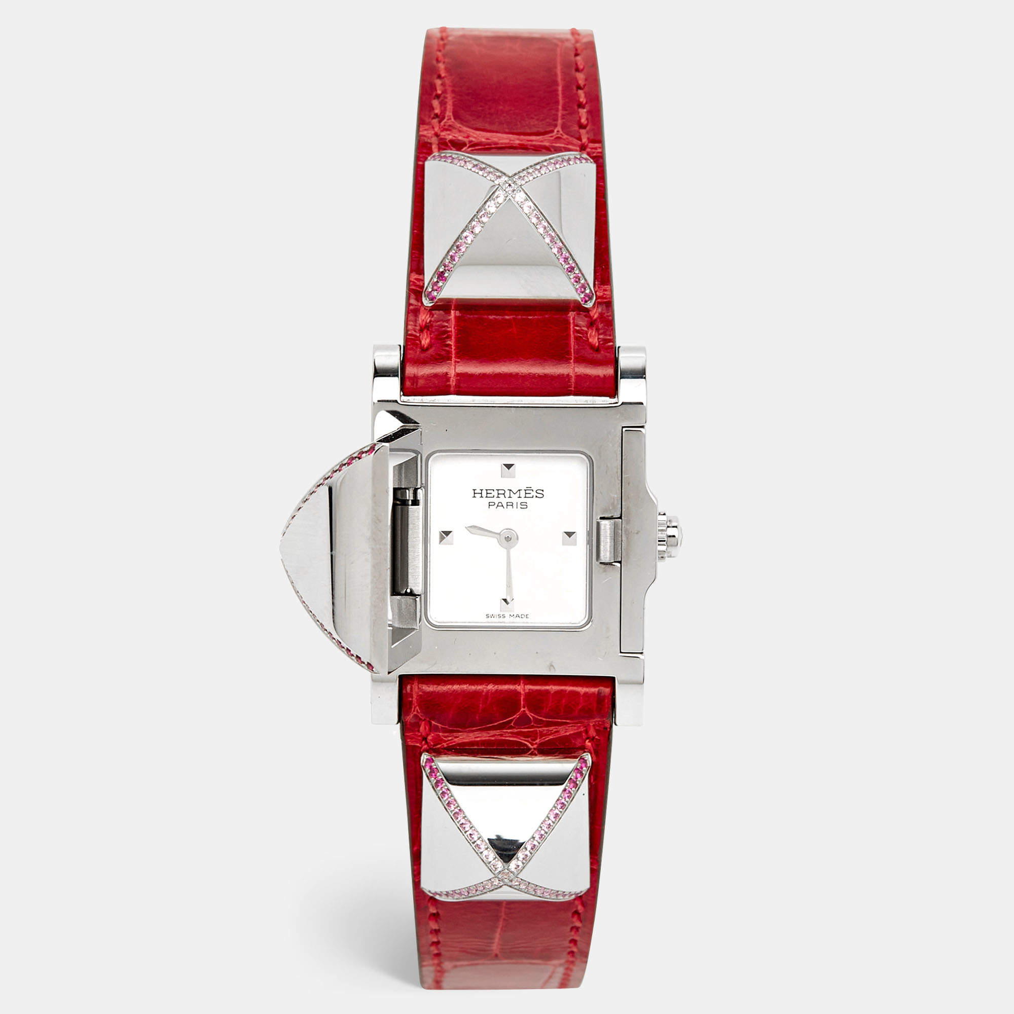 Hermes Silver Stainless Steel Alligator Leather Pink Sapphire Medor ME3.234 Women's Wristwatch 23 mm