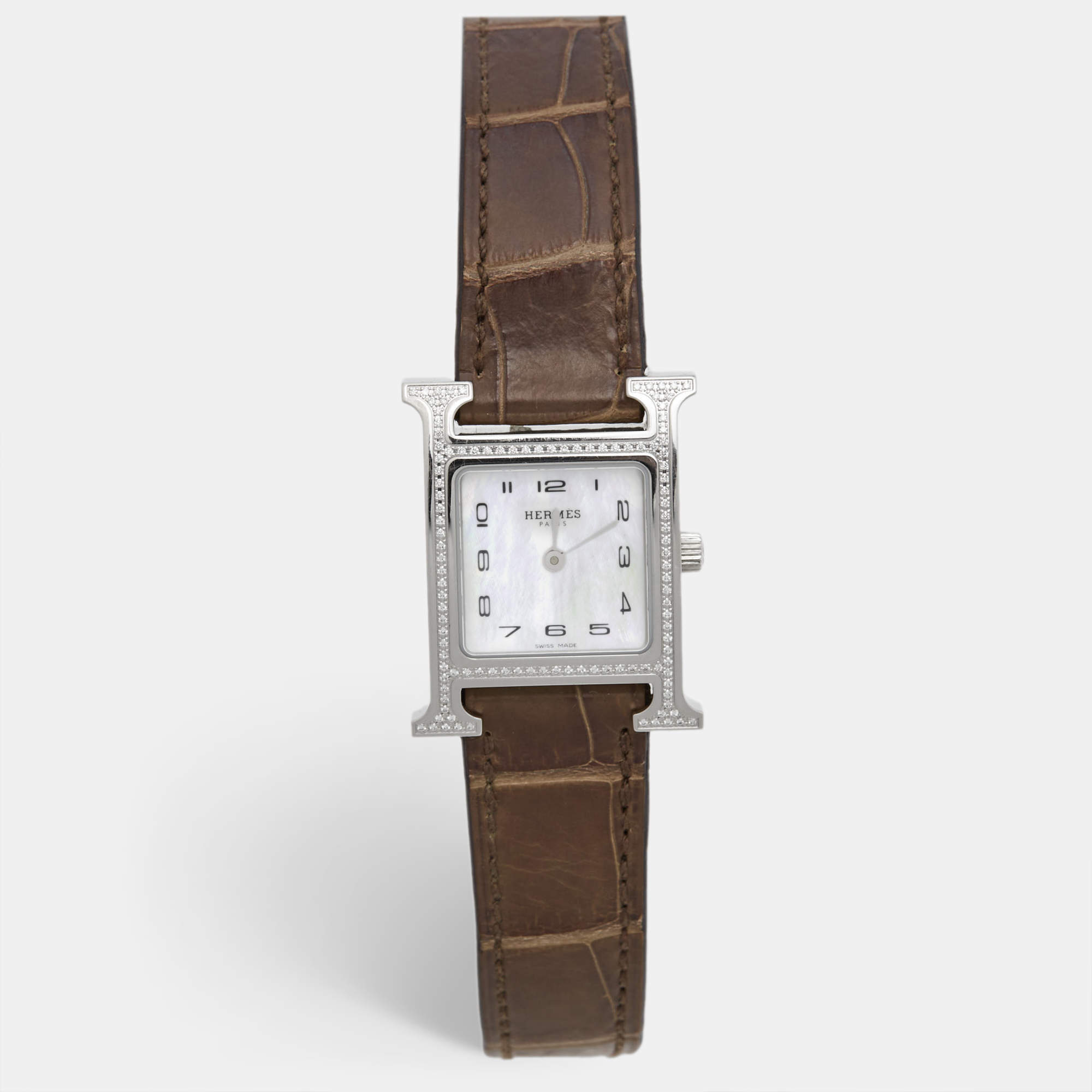 Pre Owned Hermes Mother of Pearl Diamond Stainless Steel Alligator Leather Heure H W053236WW00 Women's Wristwatch 21 mm