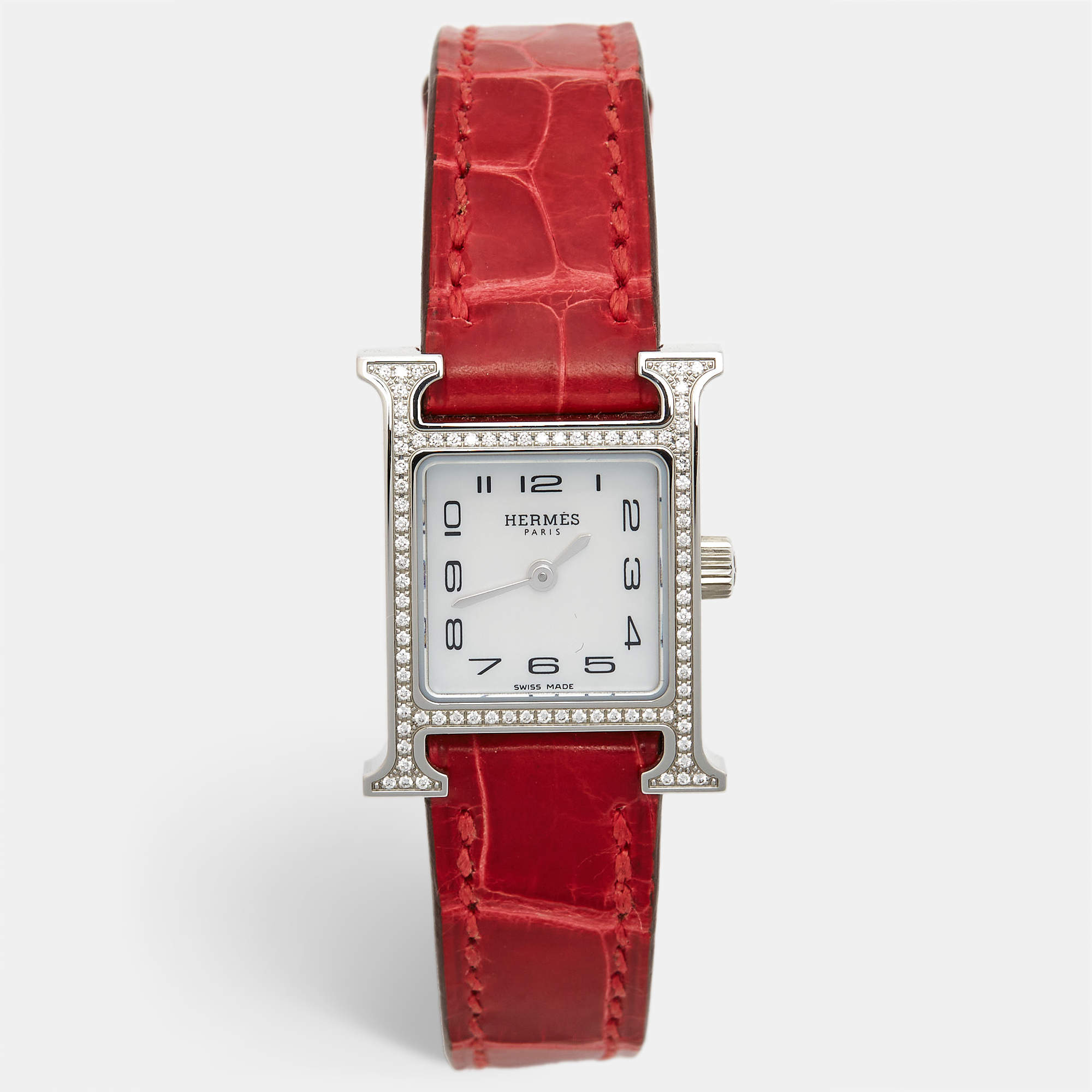 Hermès Mother of Pearl Stainless Steel Diamond Alligator Heure H Mini HH1.131 Women's Wristwatch 17 mm