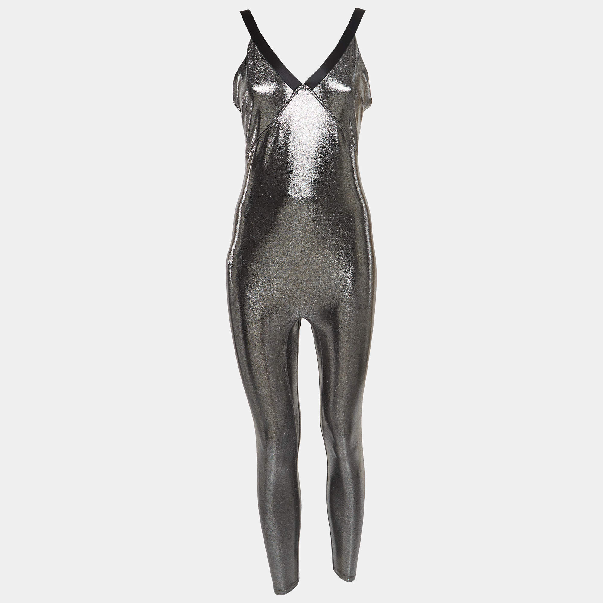 Pre Owned Heroine Sport Metallic Silver Lamé Racing Jumpsuit L
