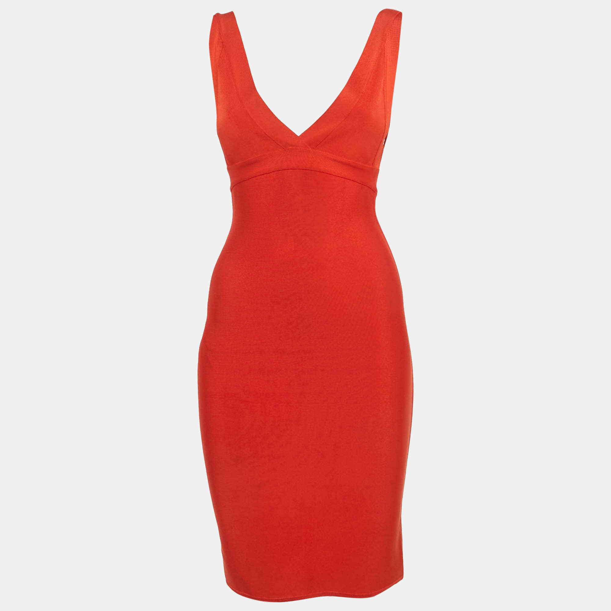 Pre Owned Herve L Leroux Red Bandage Knit Bodycon Dress S