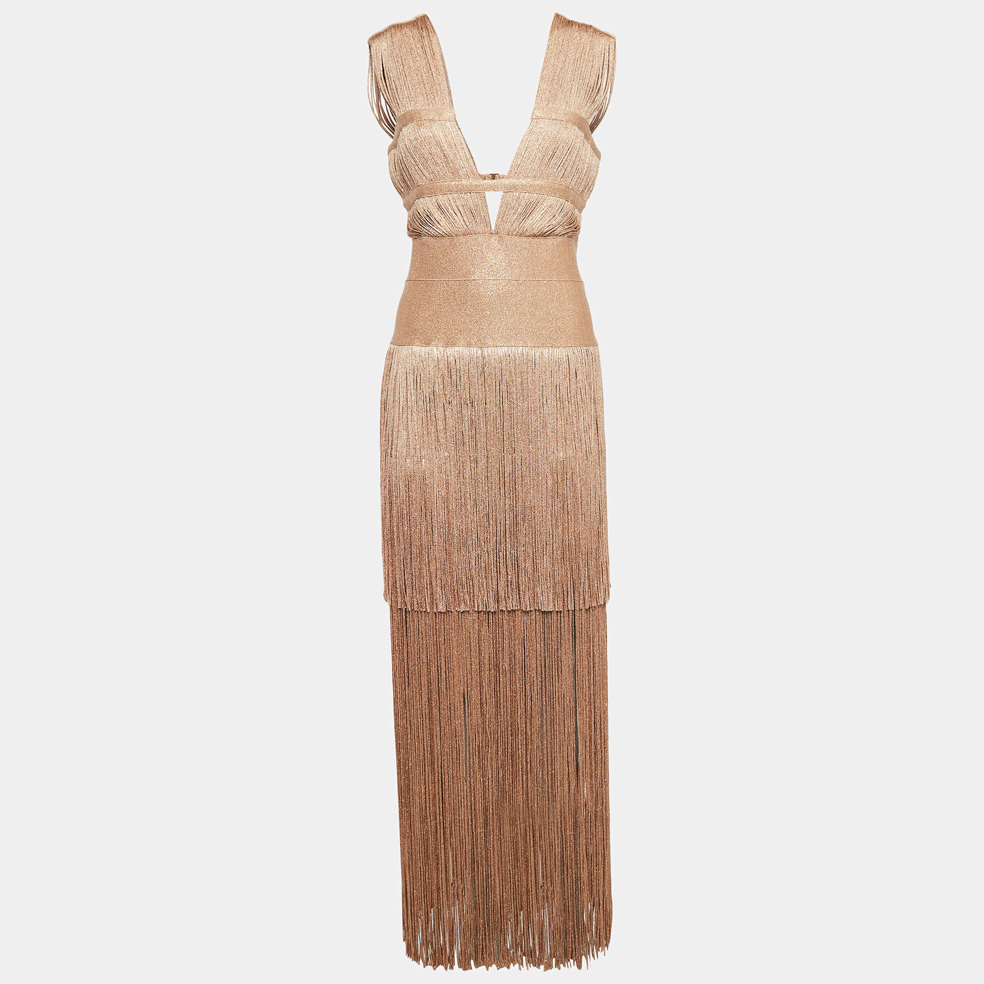 Herve Leger Metallic Lurex Knit Fringed Bodycon Evening Gown M