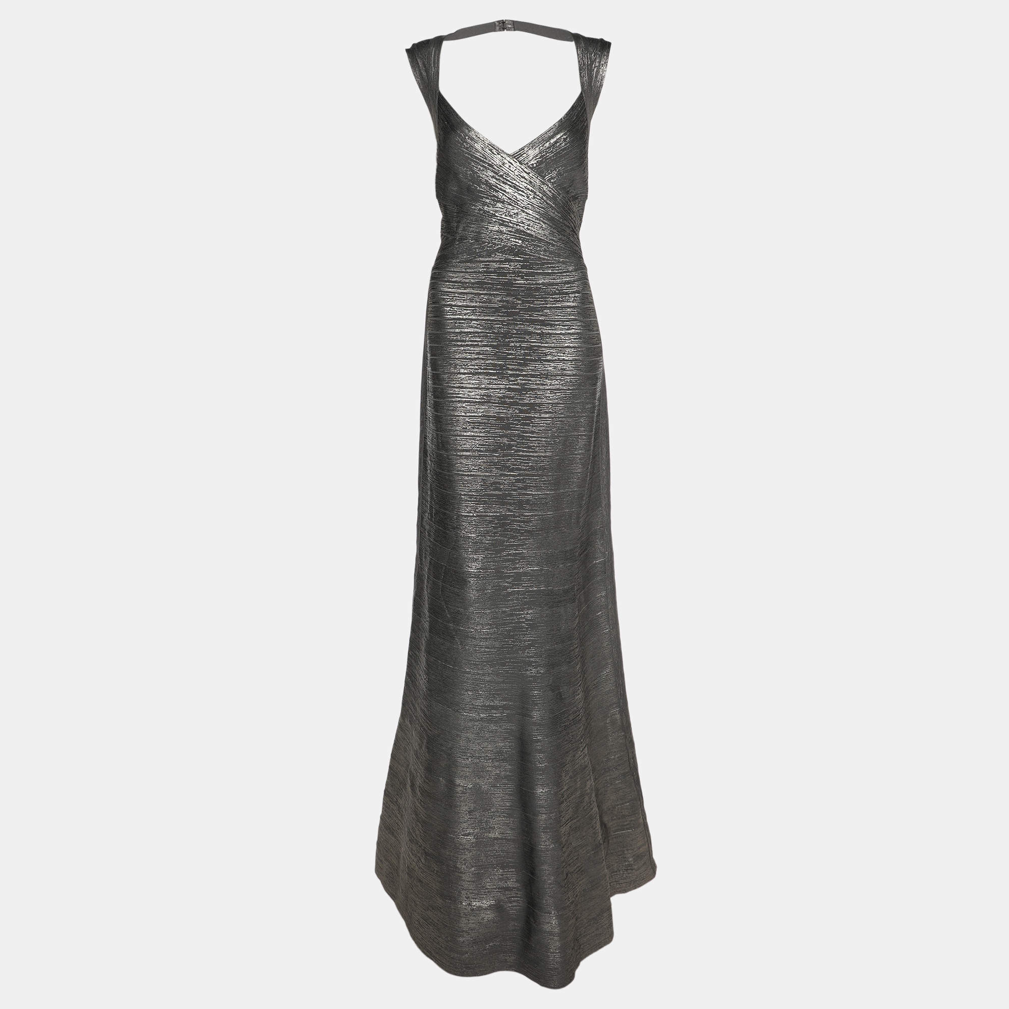 Herve Leger Dark Grey Woodgrain Foil Print Camilla Bandage Gown L