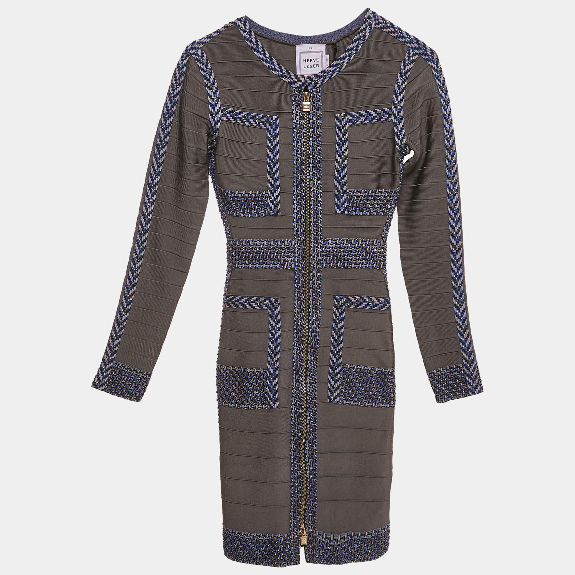 Pre Owned Herve Leger Grey/Blue Beaded Knit Bandage Keslyn Dress XS
