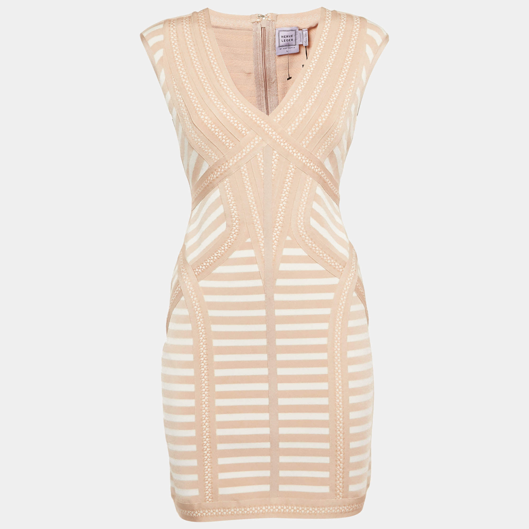 Pre Owned Herve Leger Beige Striped Knit Bandage Mini Dress L