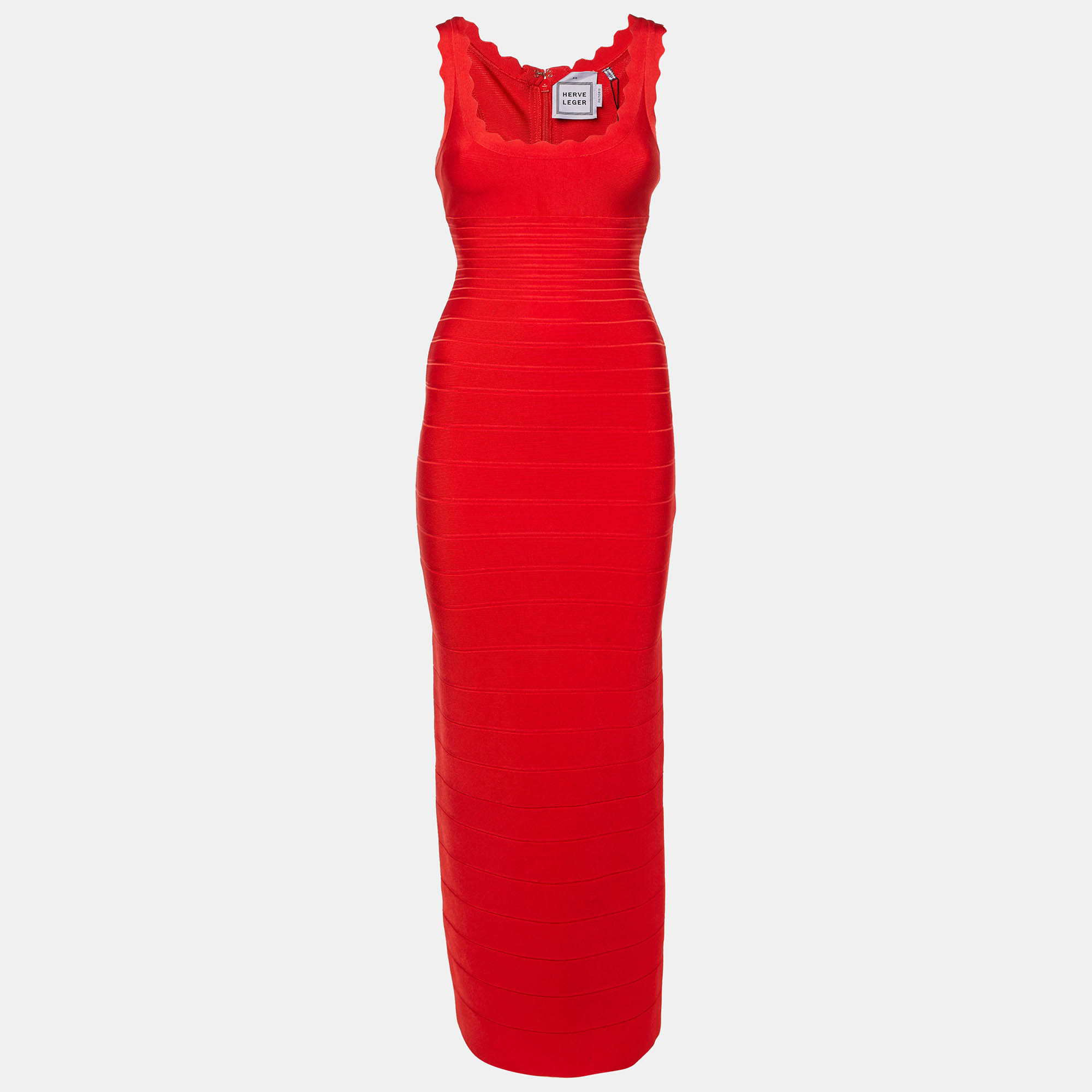 Pre Owned Herve Leger Red Knit Clarissa Maxi Bandage Dress XS