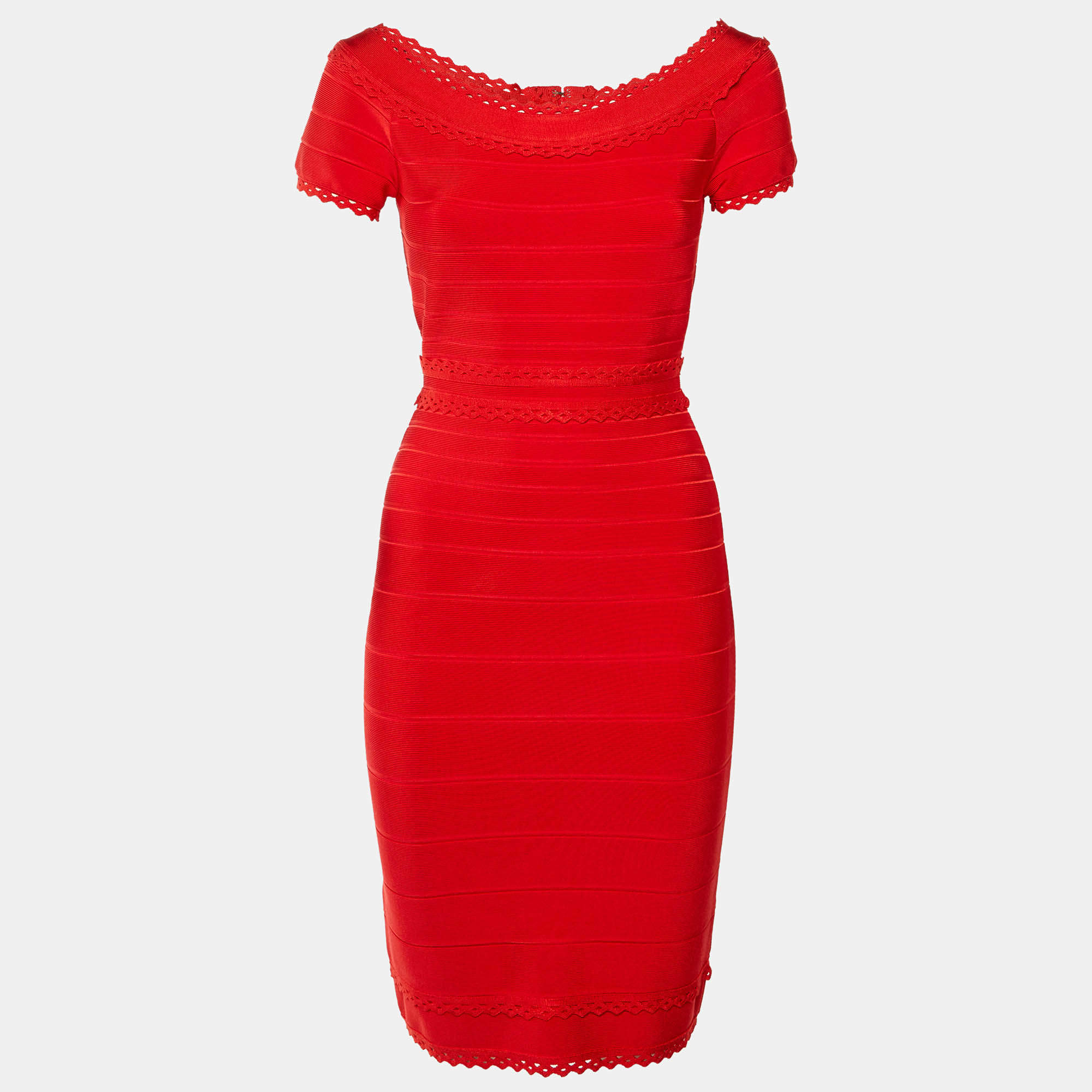 مملوكة مسبقًا Herve Leger Red Jersey Aubree Midi Dress M