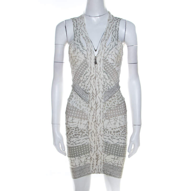 Pre Owned Herve Leger Dove Grey Multi Print Paneled Halter Bandage Dress XS