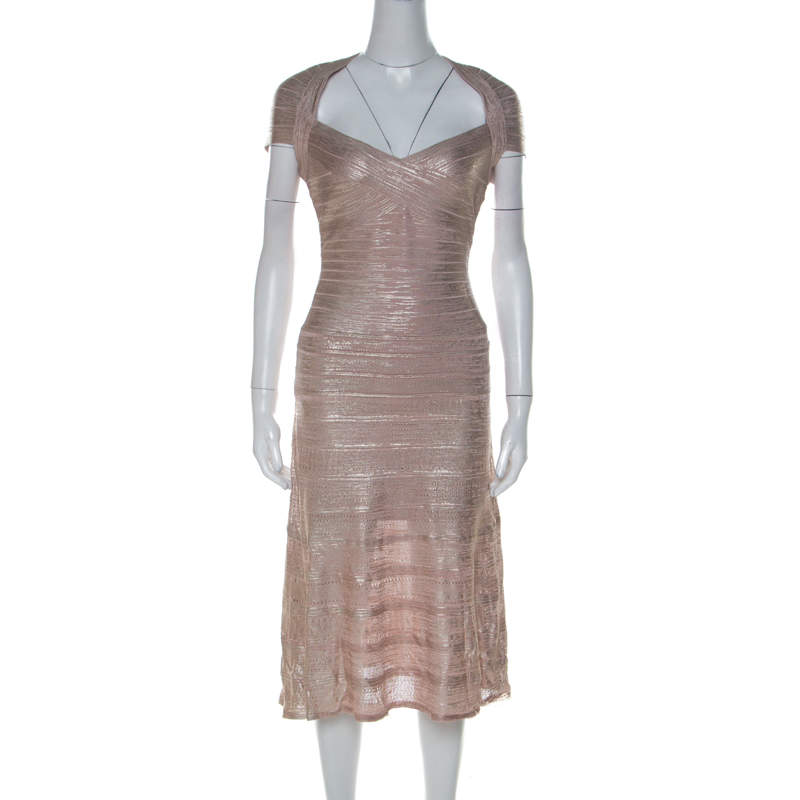 Pre Owned Herve Leger Rose Gold Bandage Sweetheart Neckline Emilia Dress M 