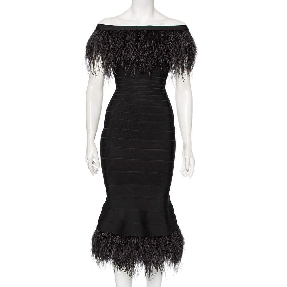 Pre Owned Herve Leger Black Bandage Ostrich Feather Trimmed Off Shoulder Dress XS