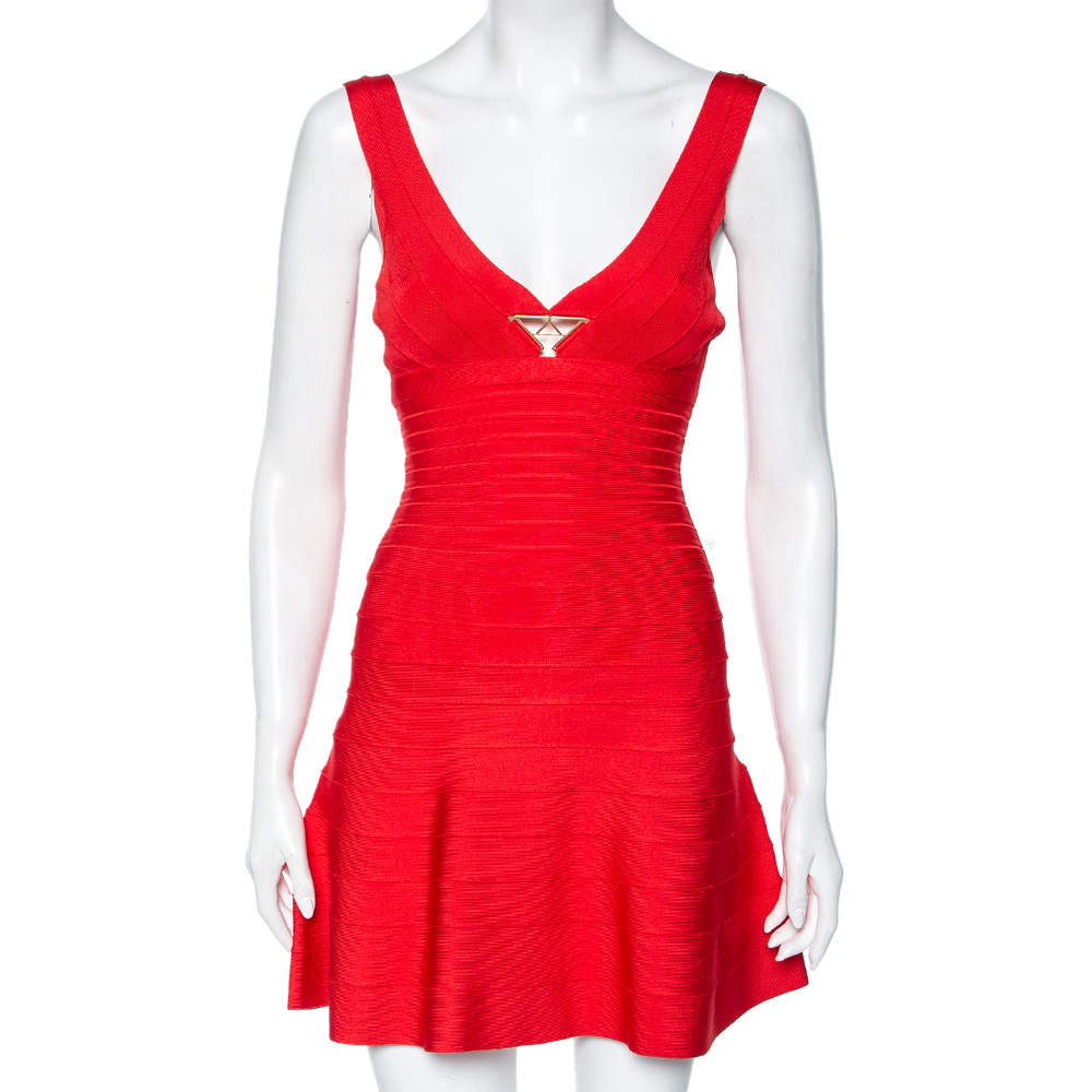 Pre Owned Herve Leger Coral Pink Bandage Kyra Mini Dress XS