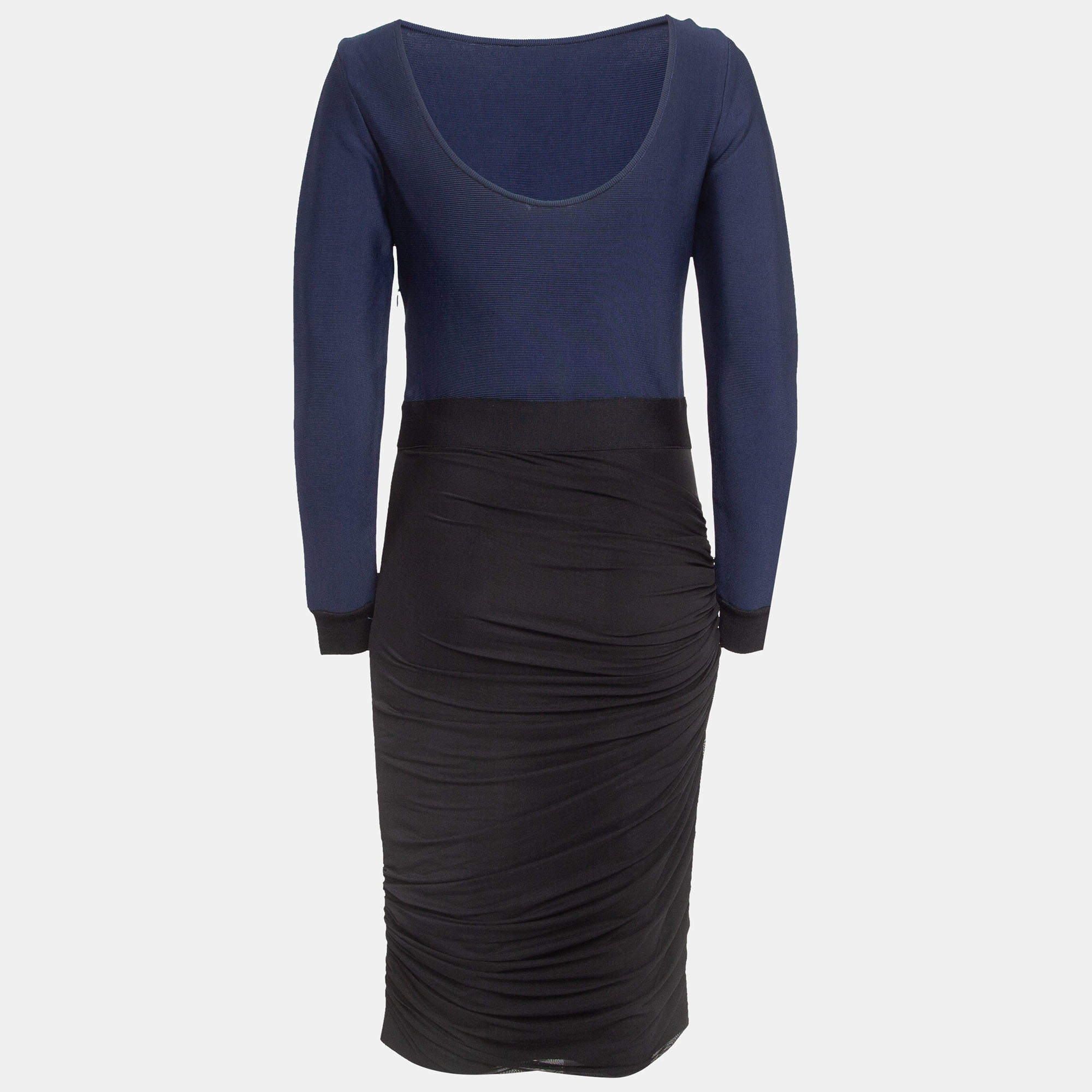 Pre Owned Herve Leger Navy Blue/Black Mesh Trim Knit Ruched Bandage Dress L
