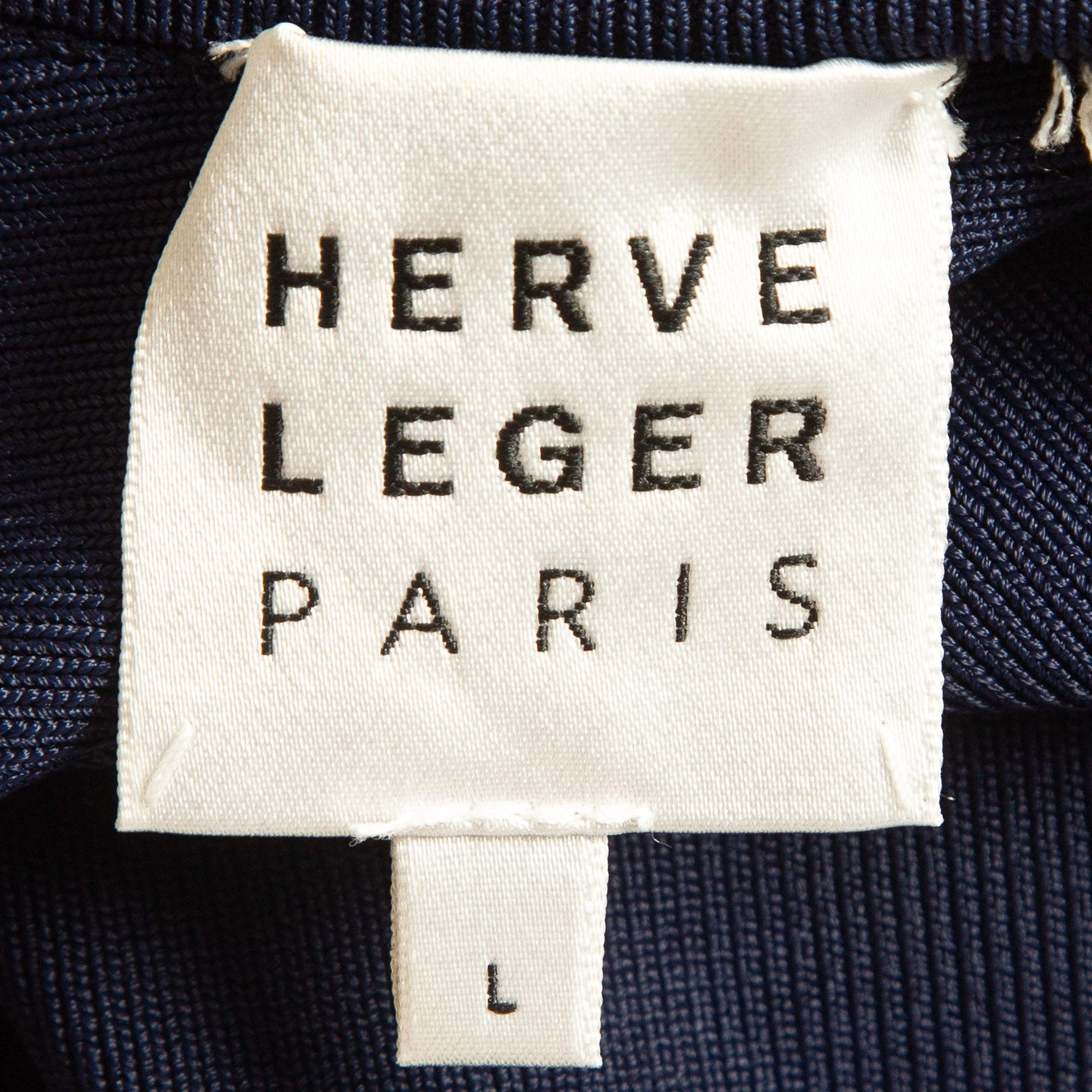 Pre Owned Herve Leger Navy Blue/Black Mesh Trim Knit Ruched Bandage Dress L