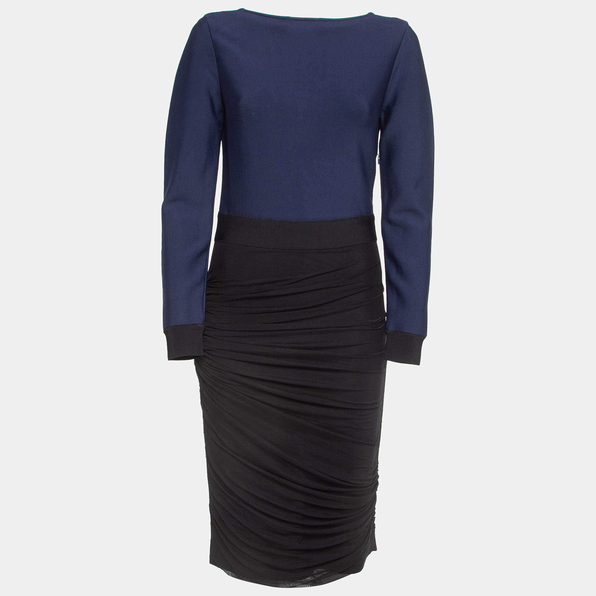 Pre Owned Herve Leger Navy Blue/Black Mesh Trim Knit Ruched Bandage Dress L