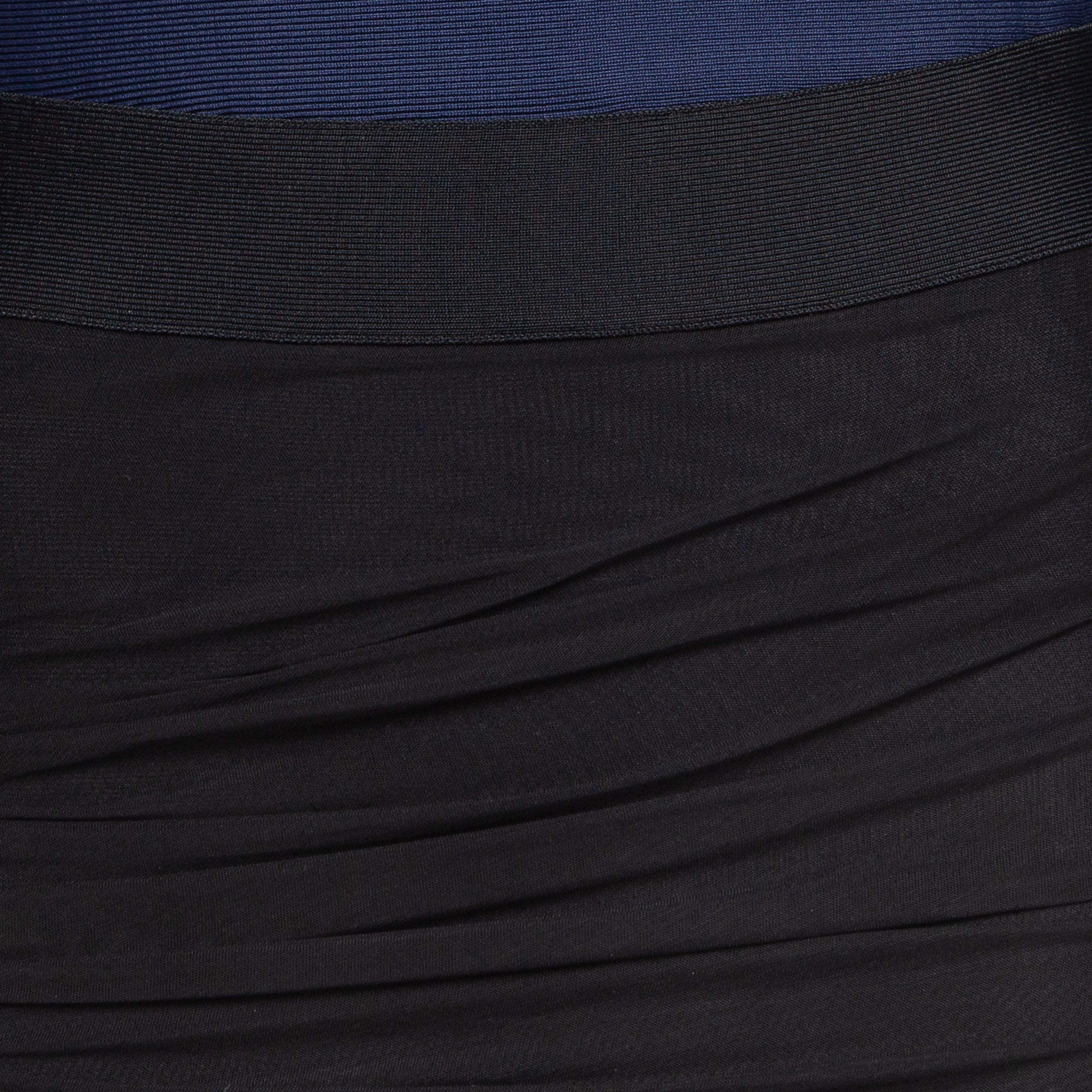 Pre Owned Herve Leger Navy Blue/Black Mesh Trim Knit Ruched Bandage Dress L