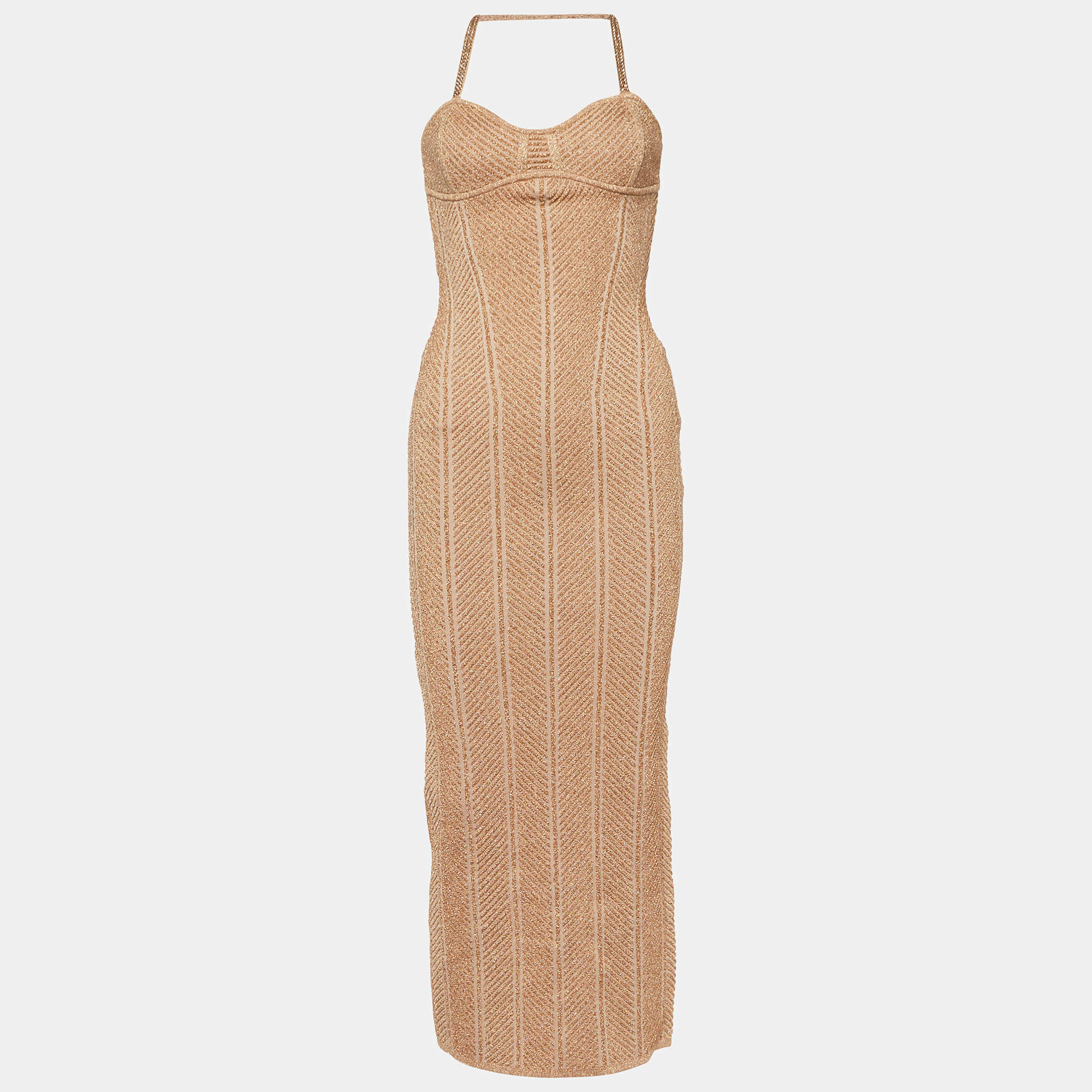 Herve Leger Metallic Rose Gold Knit Midi Dress XS