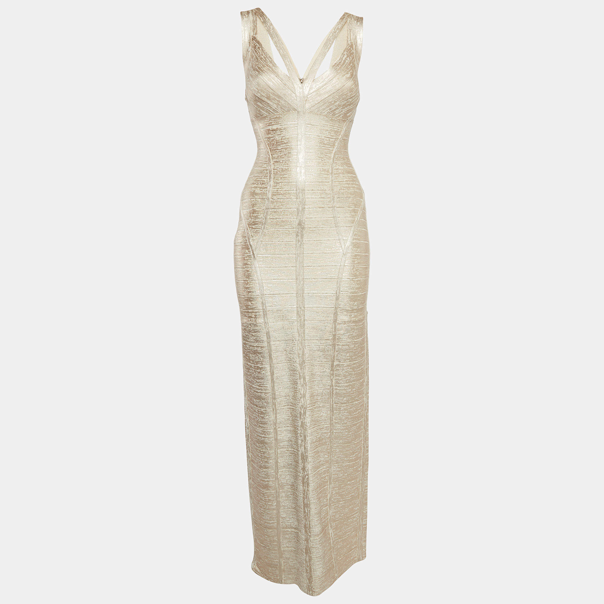 Herve Leger Beige Foil Print Banded Knit Sweetheart Maxi Dress S