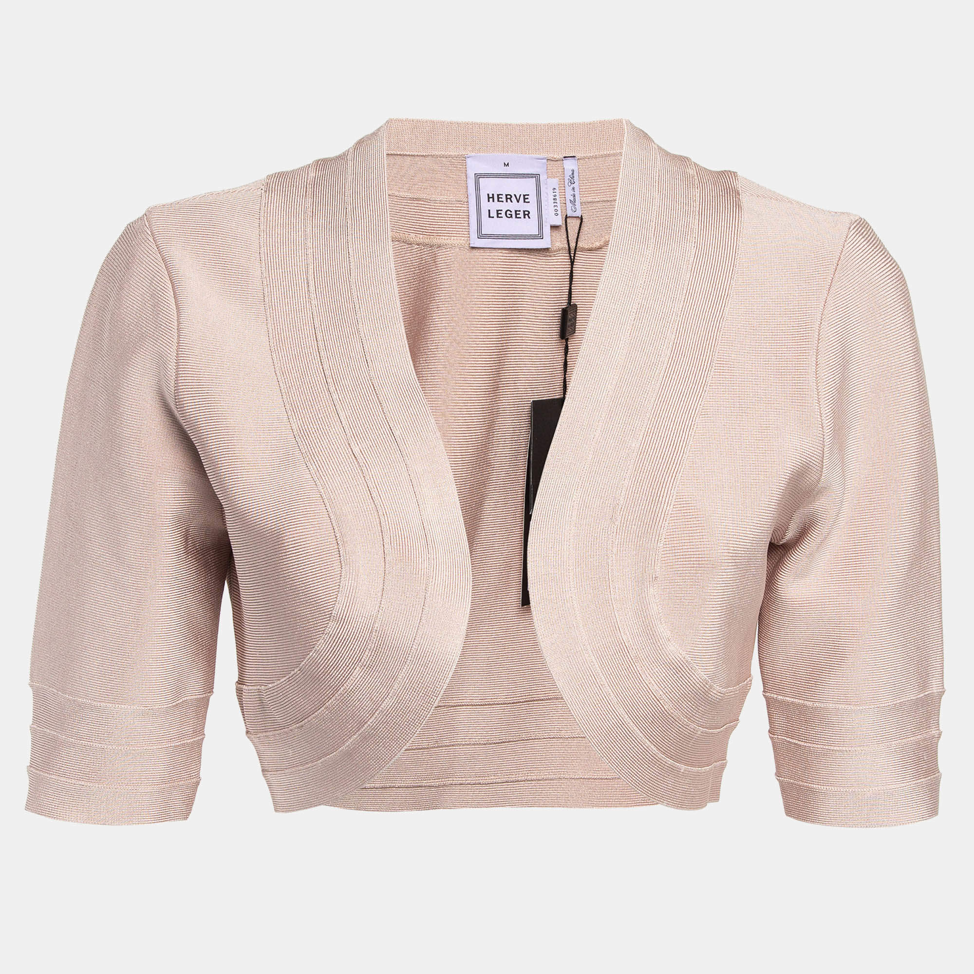 Herve Leger Bare Pink Knit Front Open Cropped Jacket M