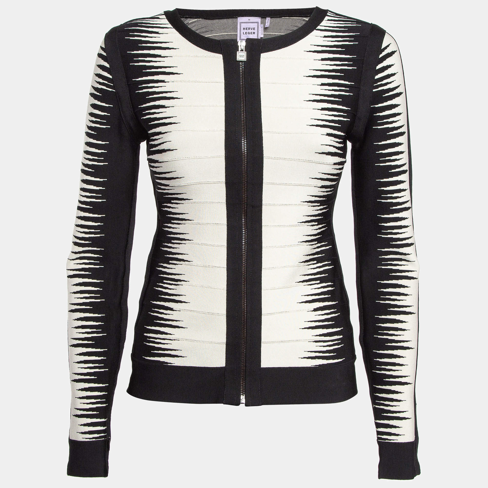 Herve Leger Black/White Patterned Knit Zip-Up Britt Jacket M