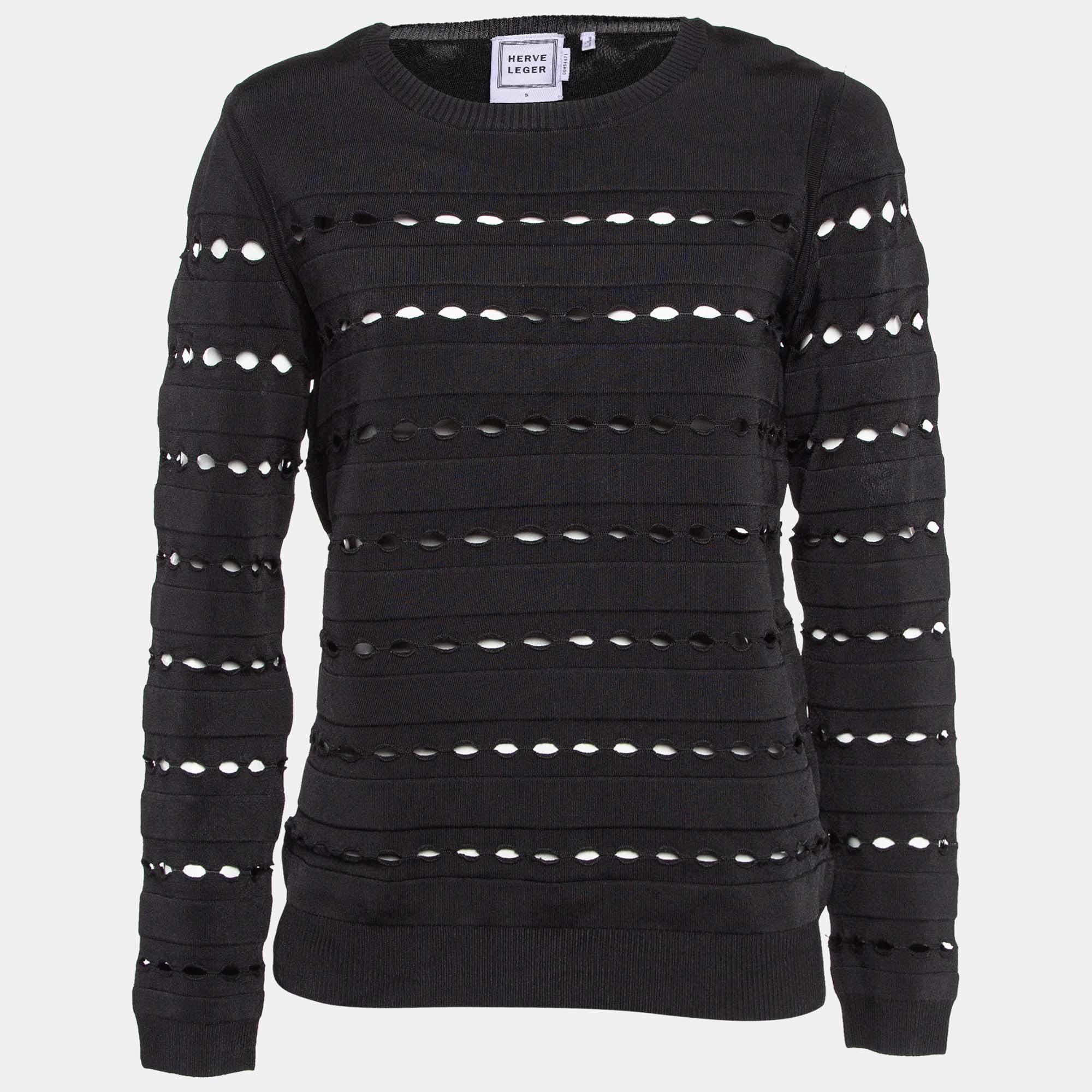 Herve Leger Black Perforated Knit Sweatshirt S