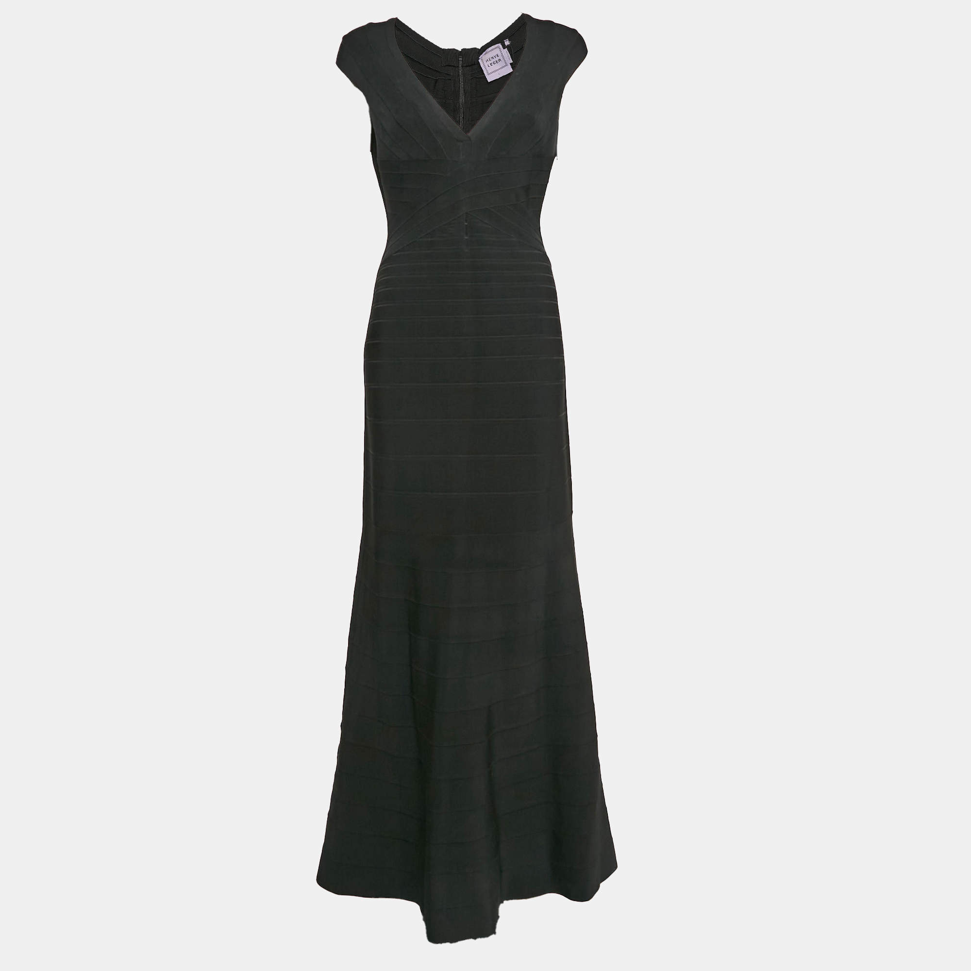 Herve Leger Black Stretch Bandage Knit Flared Maxi Dress L
