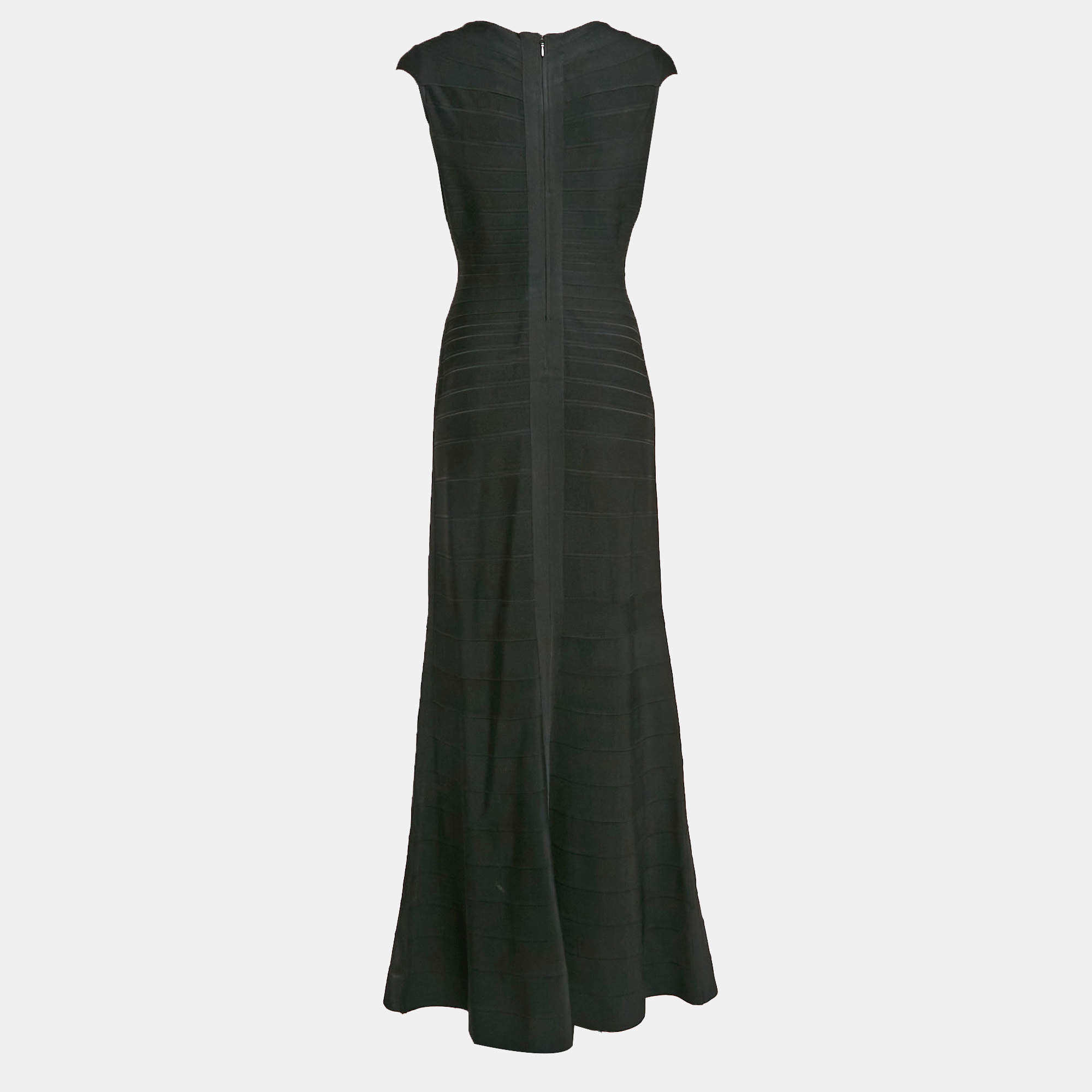 Pre Owned Herve Leger Black Stretch Bandage Knit Flared Maxi Dress L