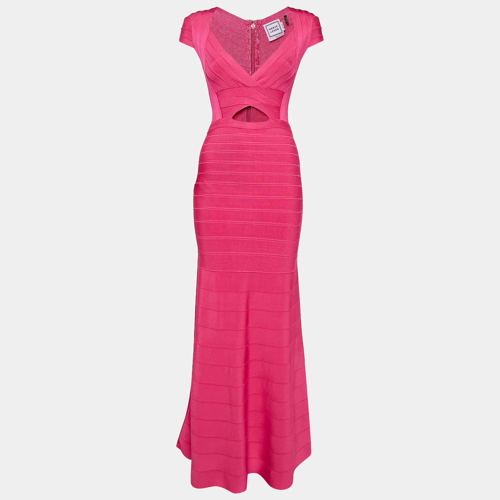 Herve Leger Pink Bandage Knit Cap Sleeve Flared Gown S