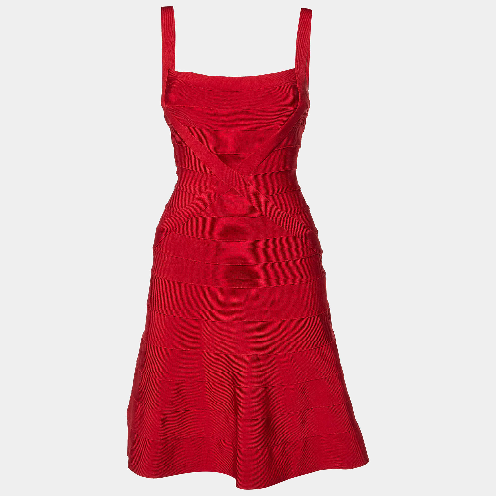 Pre Owned Herve Leger Red Jersey Sleeveless Faith Bandage Dress S