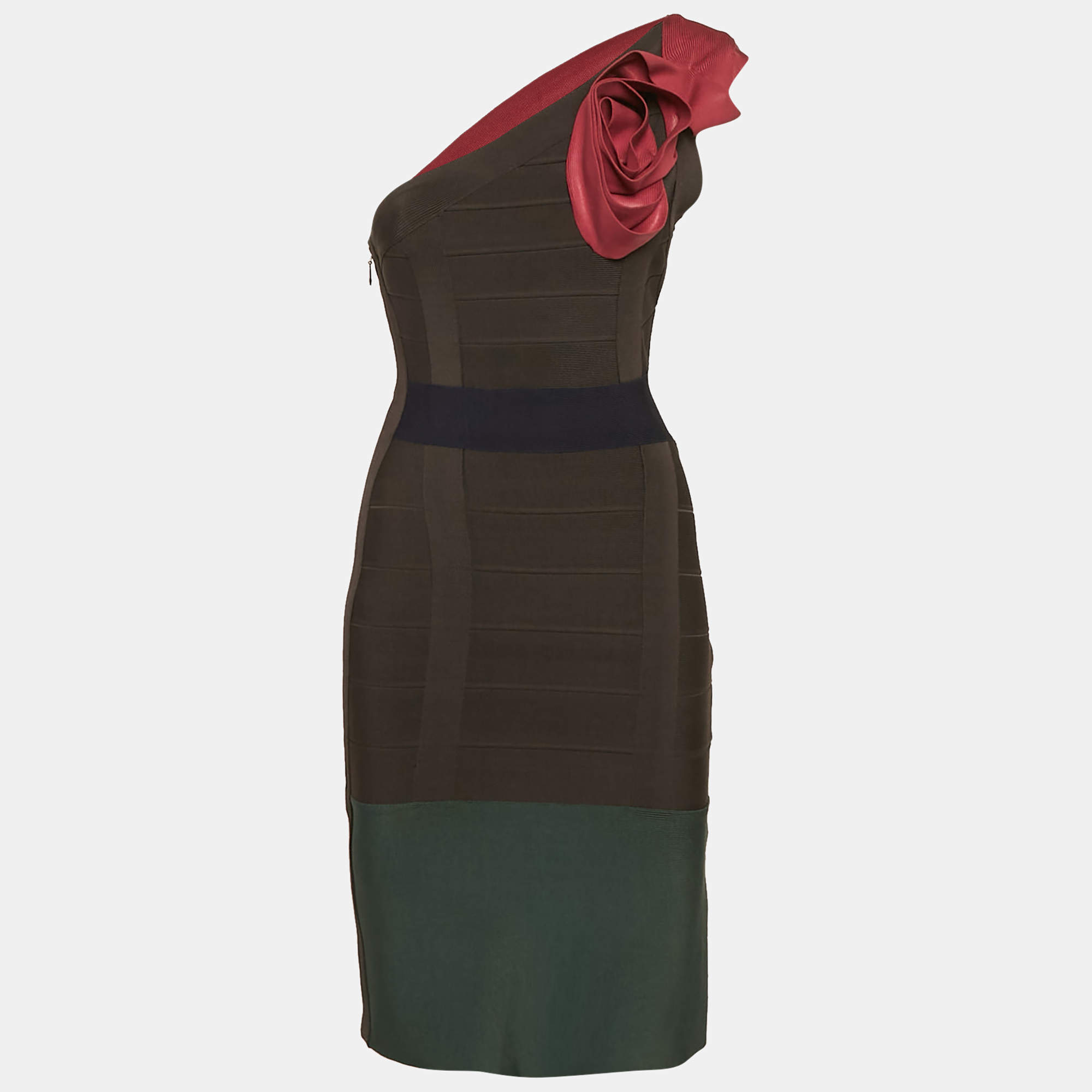 Herve Leger Multicolor Jersey One-Shoulder Mini Bandage Dress XS