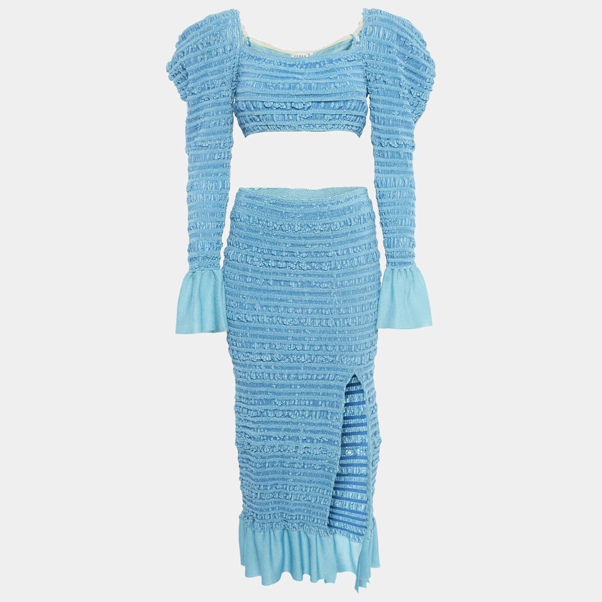 مملوكة مسبقًا Herve Leger Blue Pucker Pattern Knit Top and Midi Skirt Set S