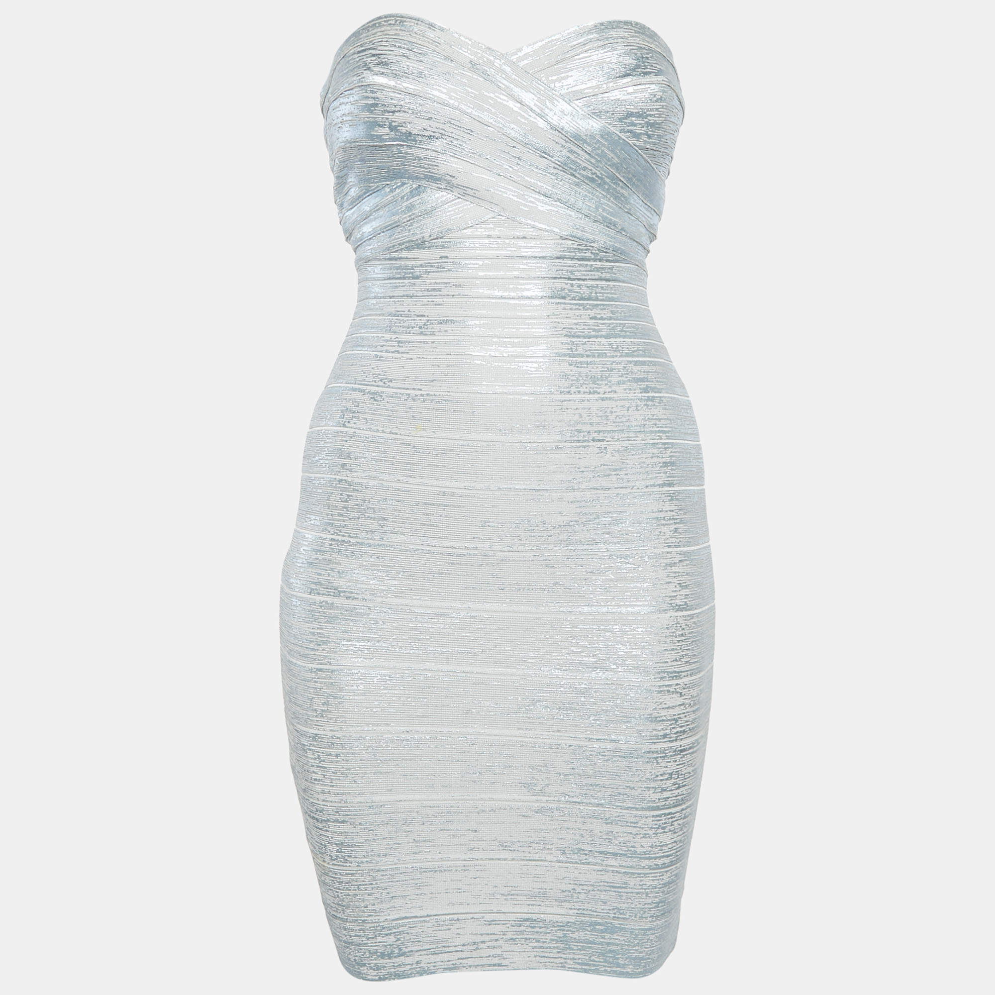 Pre Owned Herve Leger Blue Coated Knit Strapless Bandage Dress XS