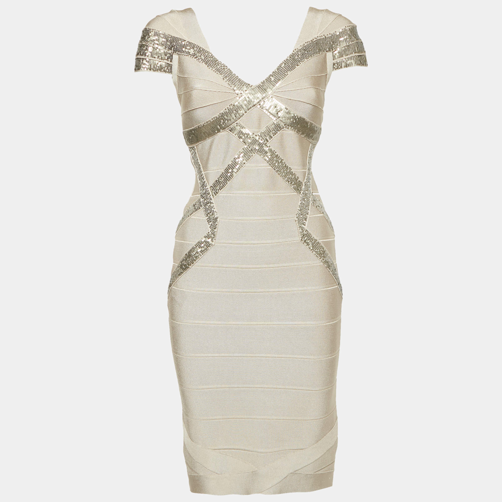 Herve Leger Beige/Khaki Sequin Embellished Knit Bandage Dress S