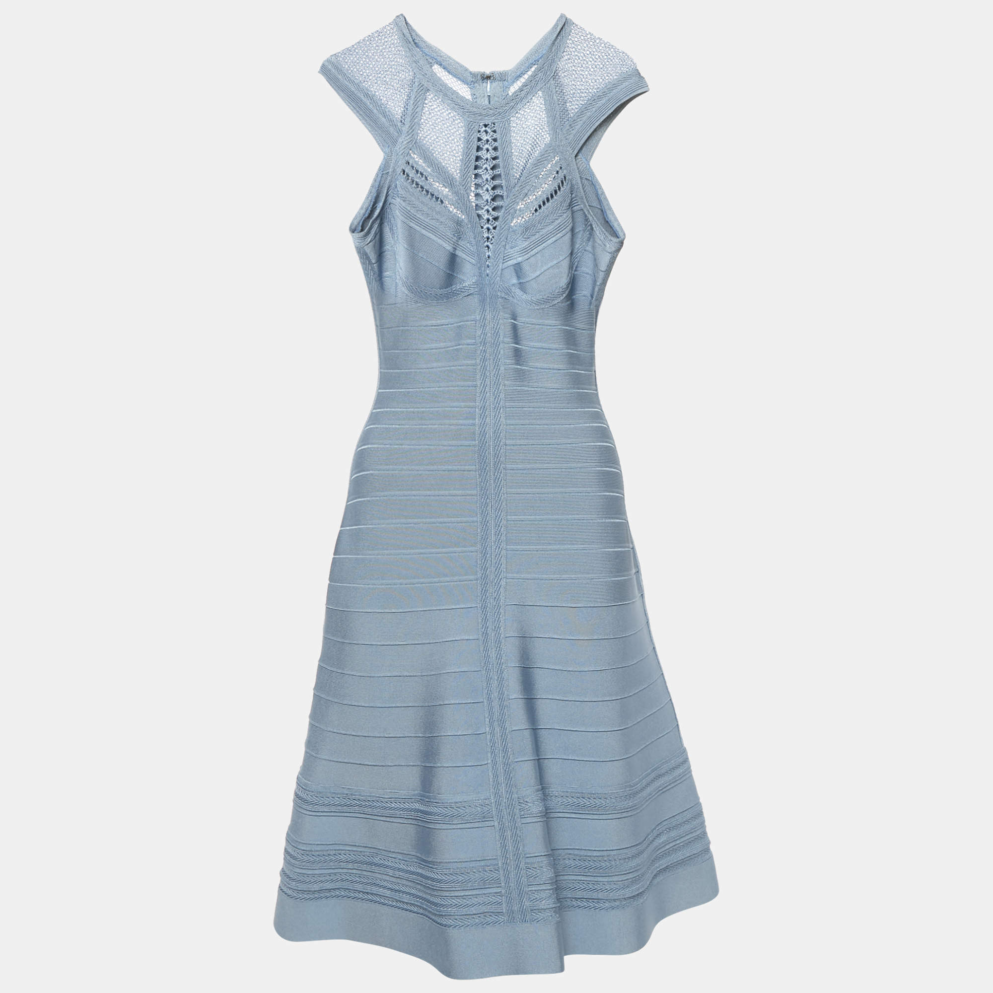 Pre Owned Herve Leger Blue Crochet Trim Knit Flared Short Dress M