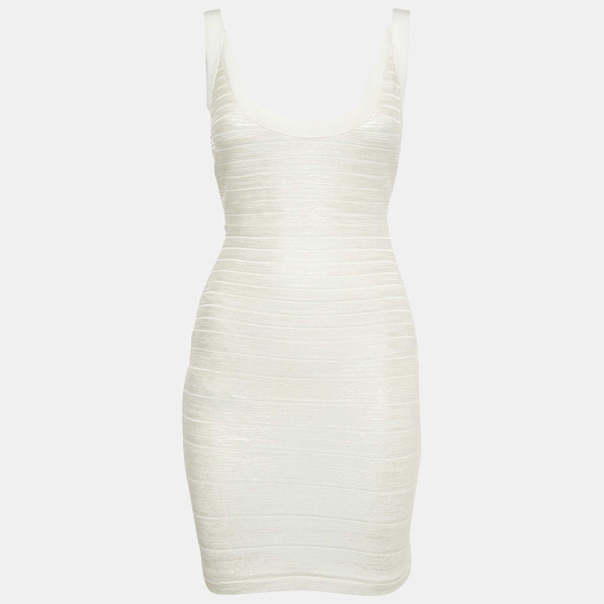 Pre Owned فستان بانديدج هيرفي ليجيه أبيض مغطى محبوك بحجم صغير