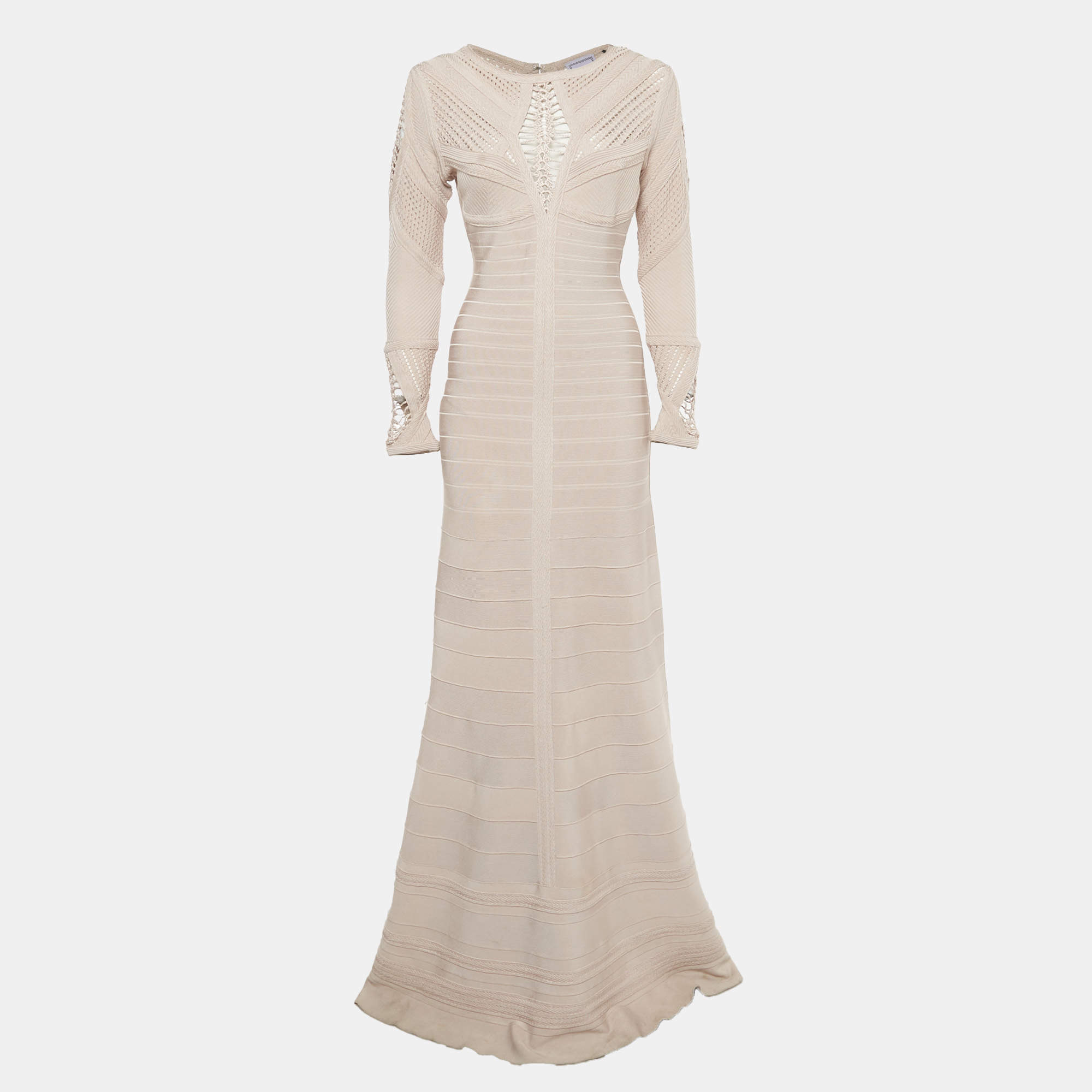 Pre Owned Herve Leger Light Pink Knit & Crochet Detail Gown M