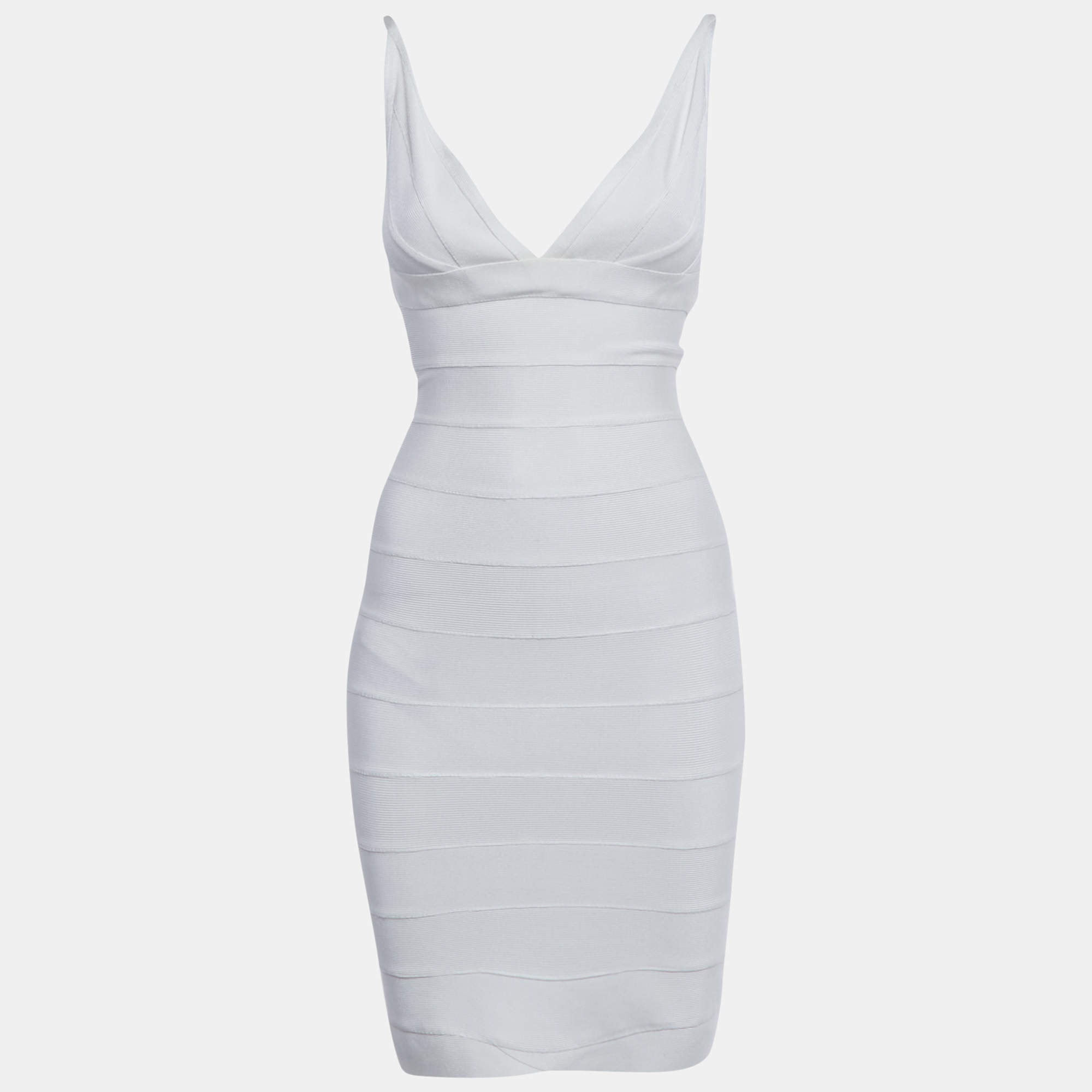 Pre Owned Herve Leger White Bandage Knit Mini Dress S