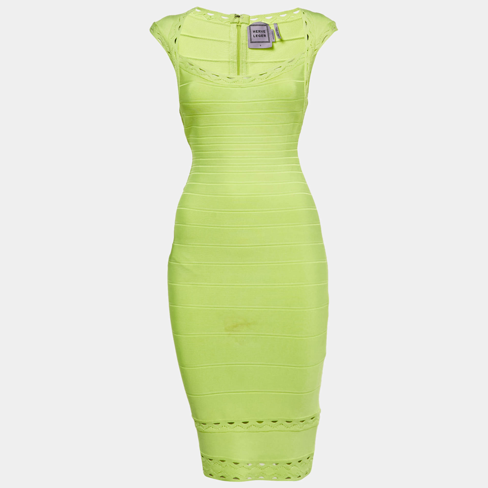 Pre Owned Herve Leger Neon Green Jersey Bandage Short Dress S