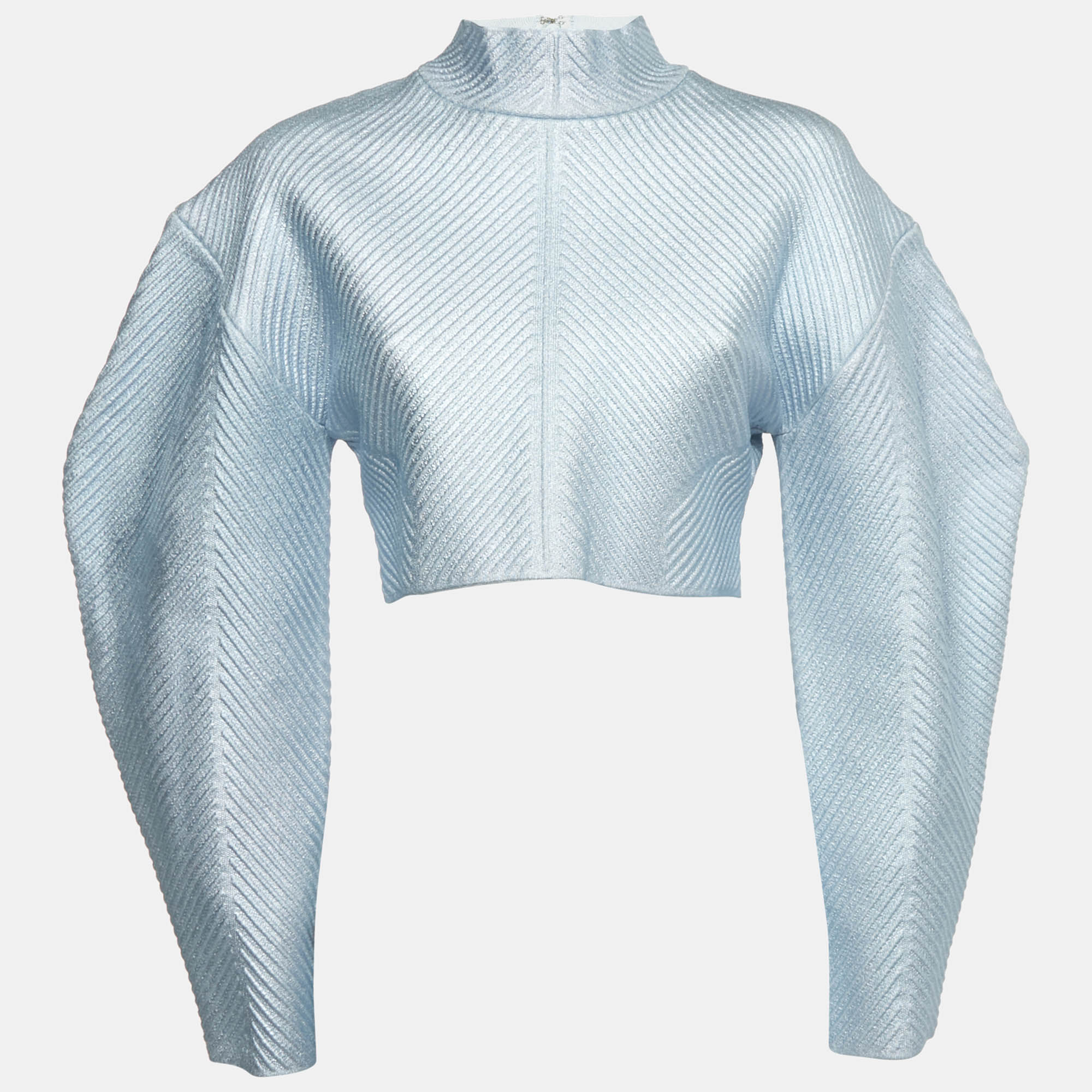 Pre Owned Herve Leger Blue Textured Lurex Knit Mock Neck Sweatshirt L