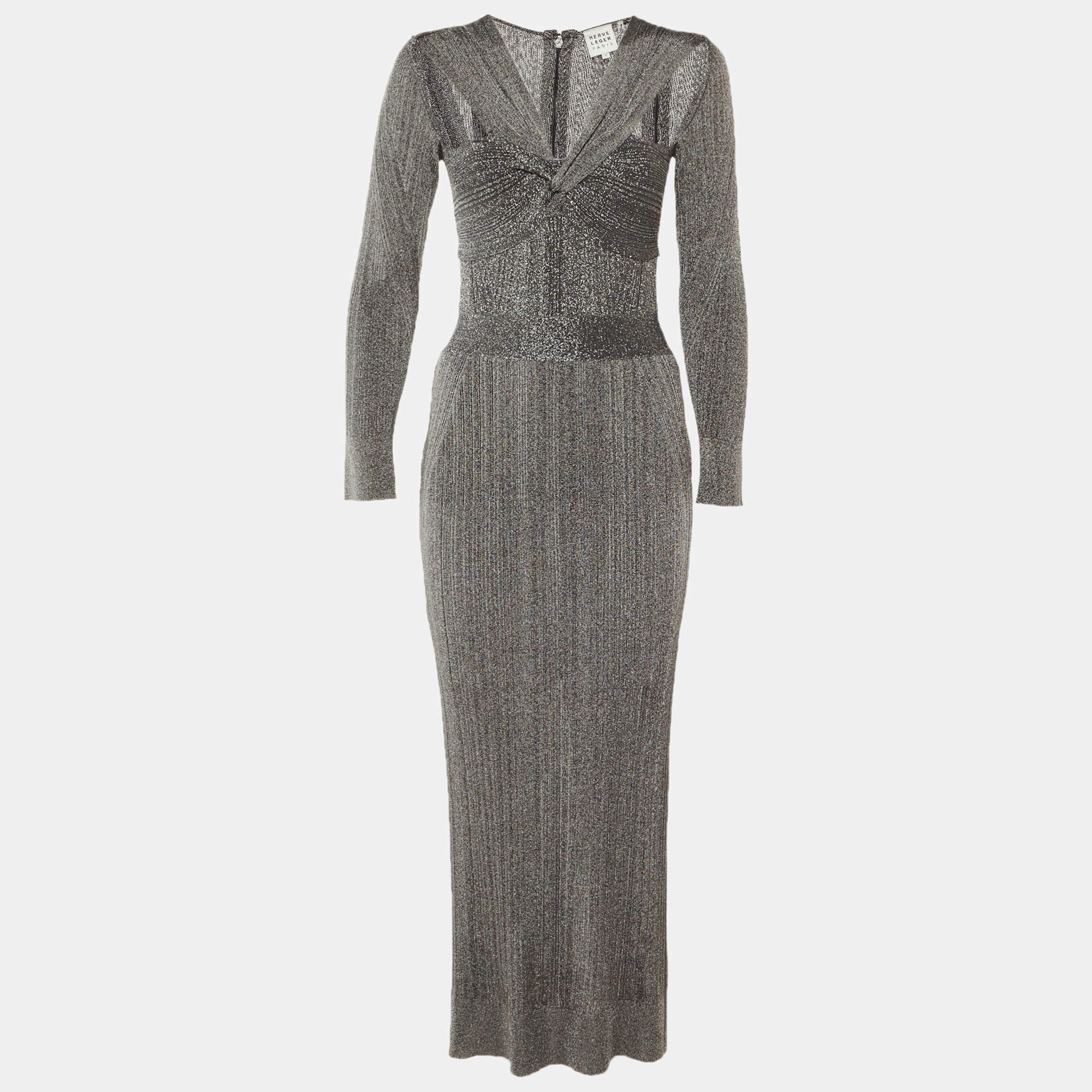 مملوكة مسبقًا فستان سهرة هيرفي ليجري ميتاليك رمادي بأكمام طويلة صغير
