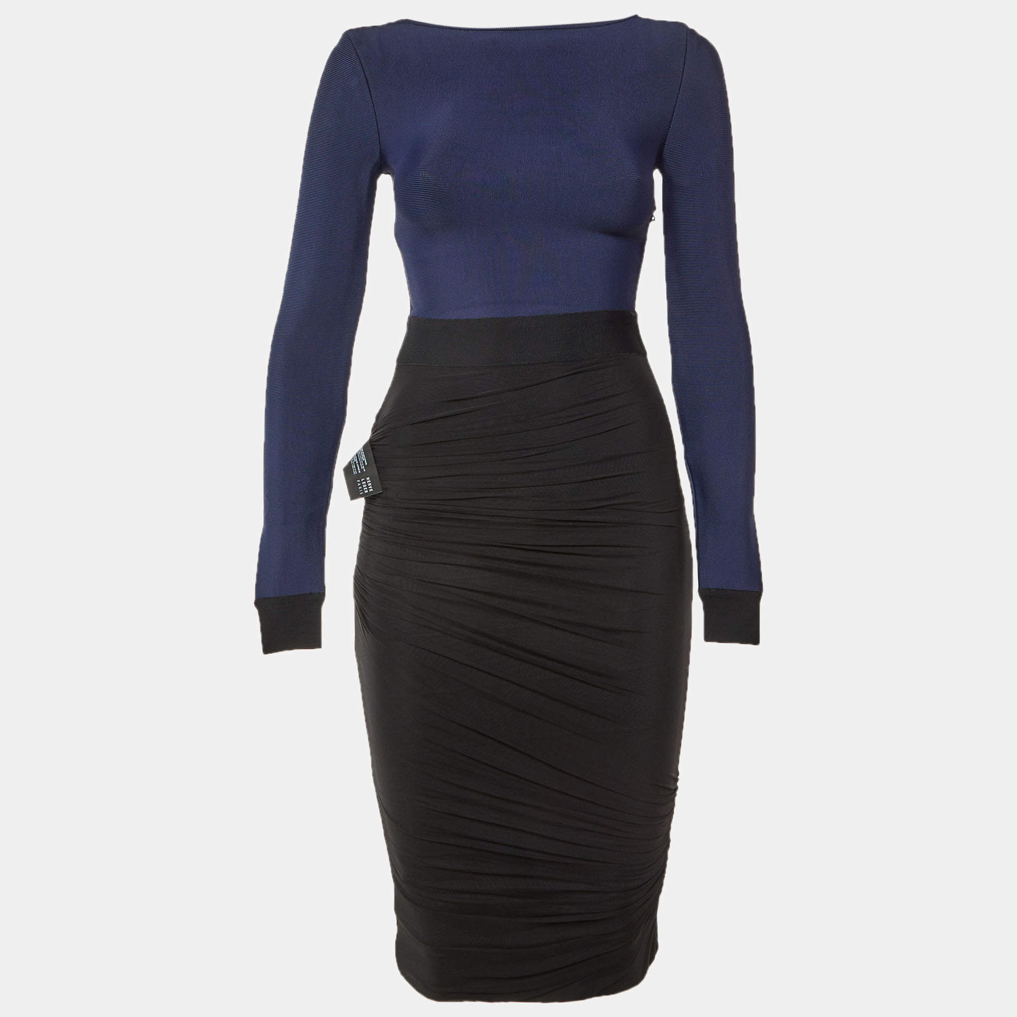 Pre Owned فستان هيرفي ليجي ضيق ثنيات تريكو وتول أزرق داكن XS