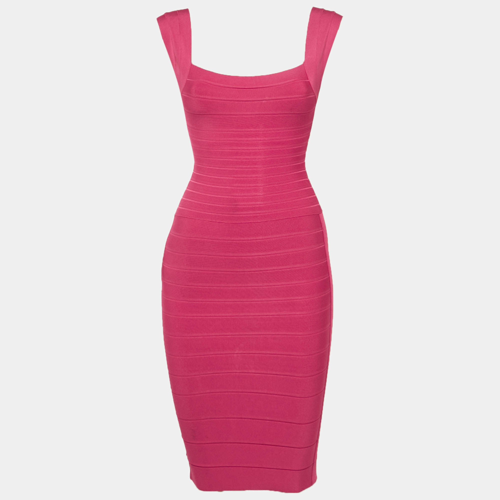 Pre Owned Herve Leger Pink Rayon Blend Bodycon Mini Dress XXS
