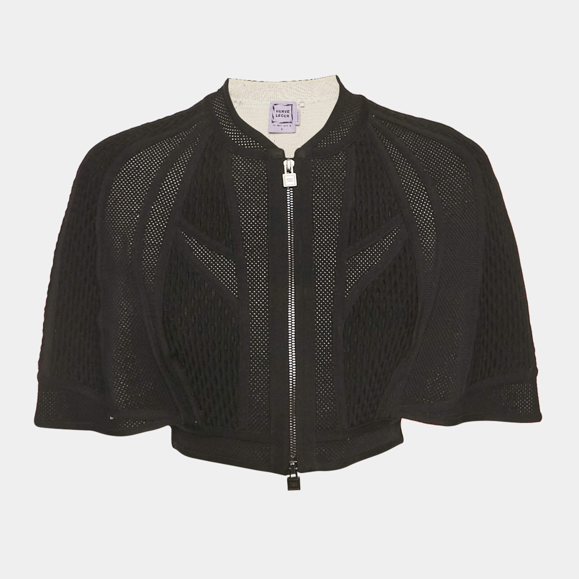 Pre Owned Herve Leger Black Textured Knit Crop Cape Jacket S
